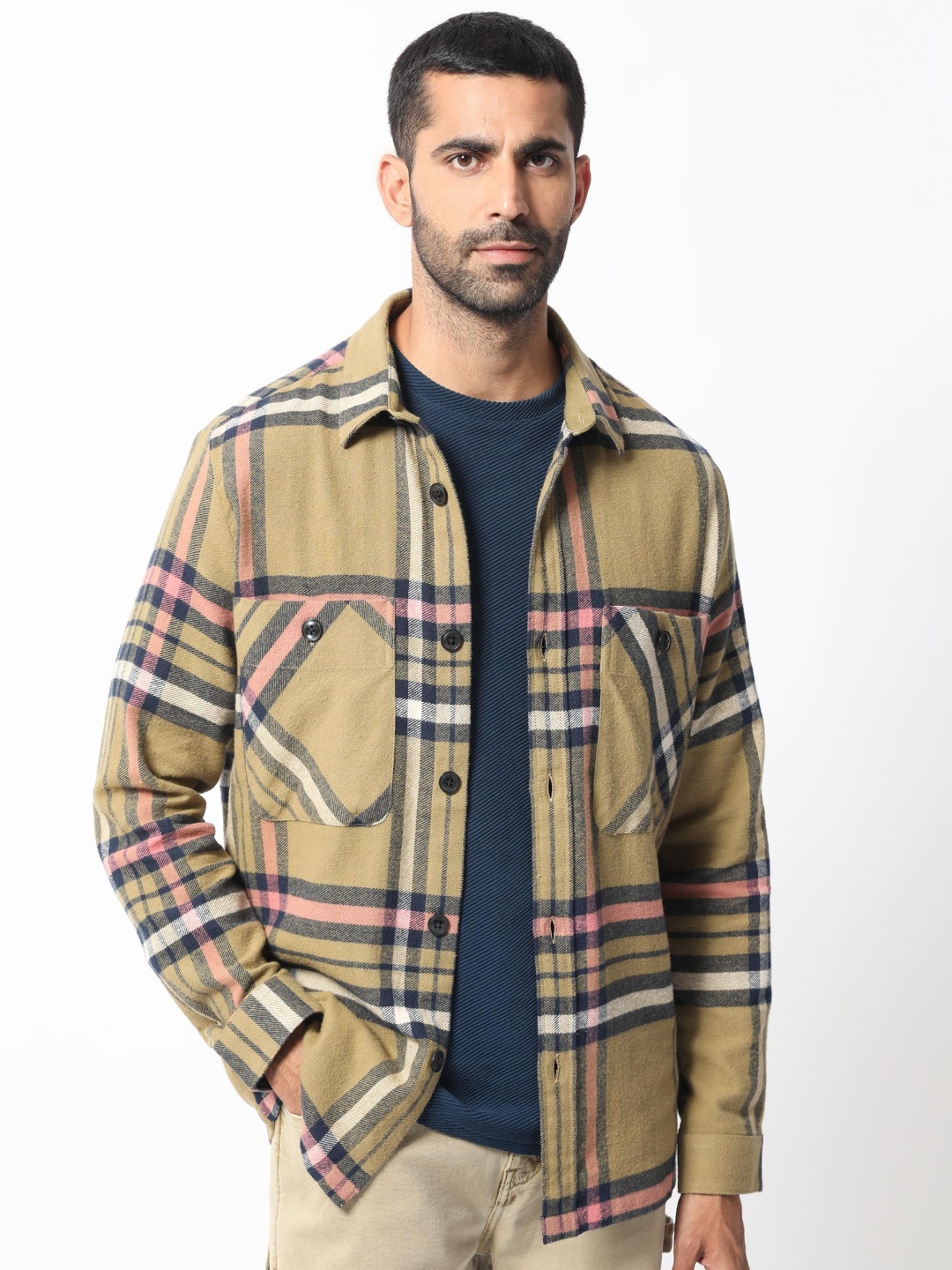 

RARE RABBIT Men Estro Striped Spread Collar Cotton Tailored Shacket, Green