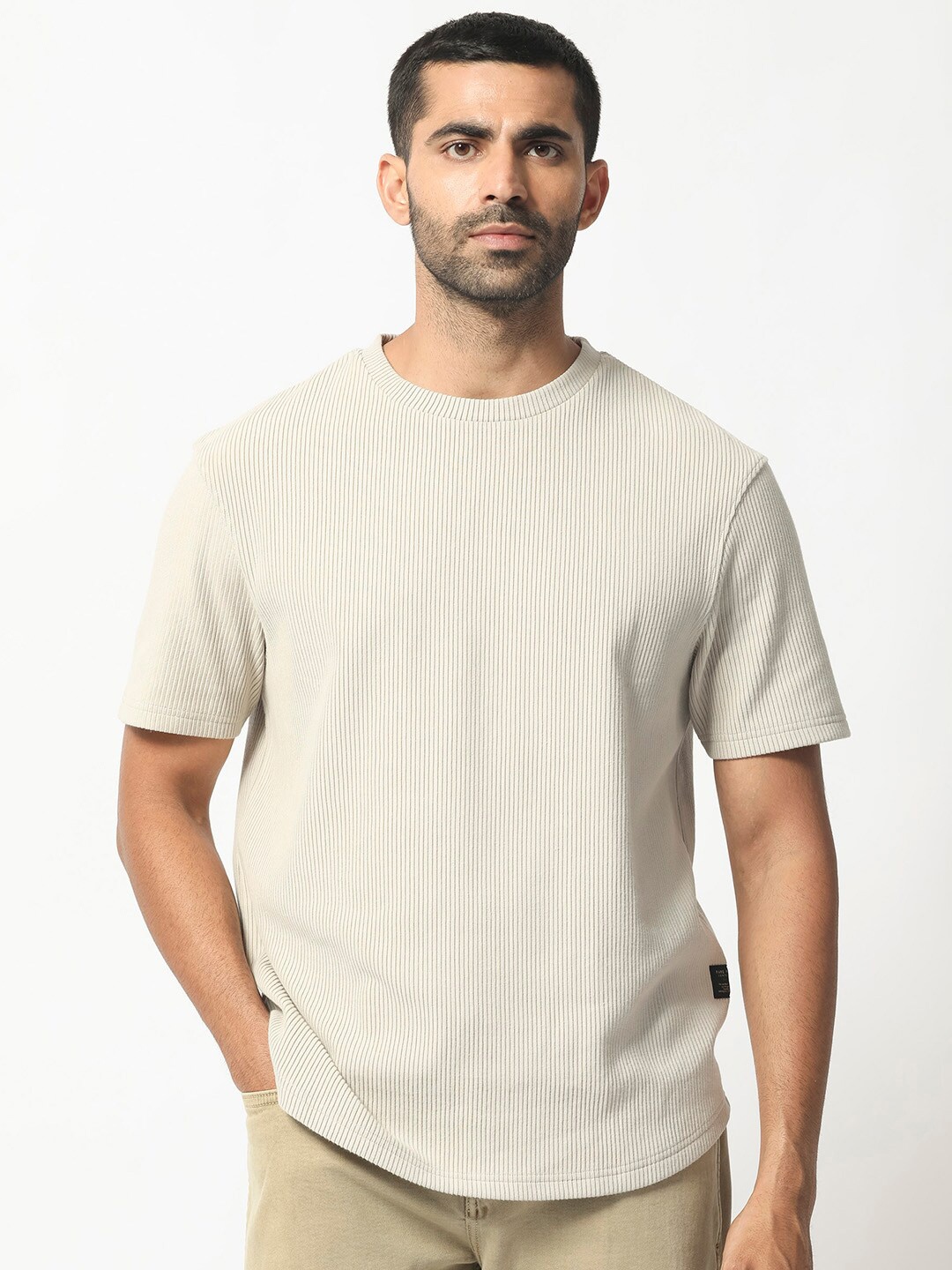 

RARE RABBIT Men Bree Ribbed Slim Fit Cotton T-Shirt, Beige