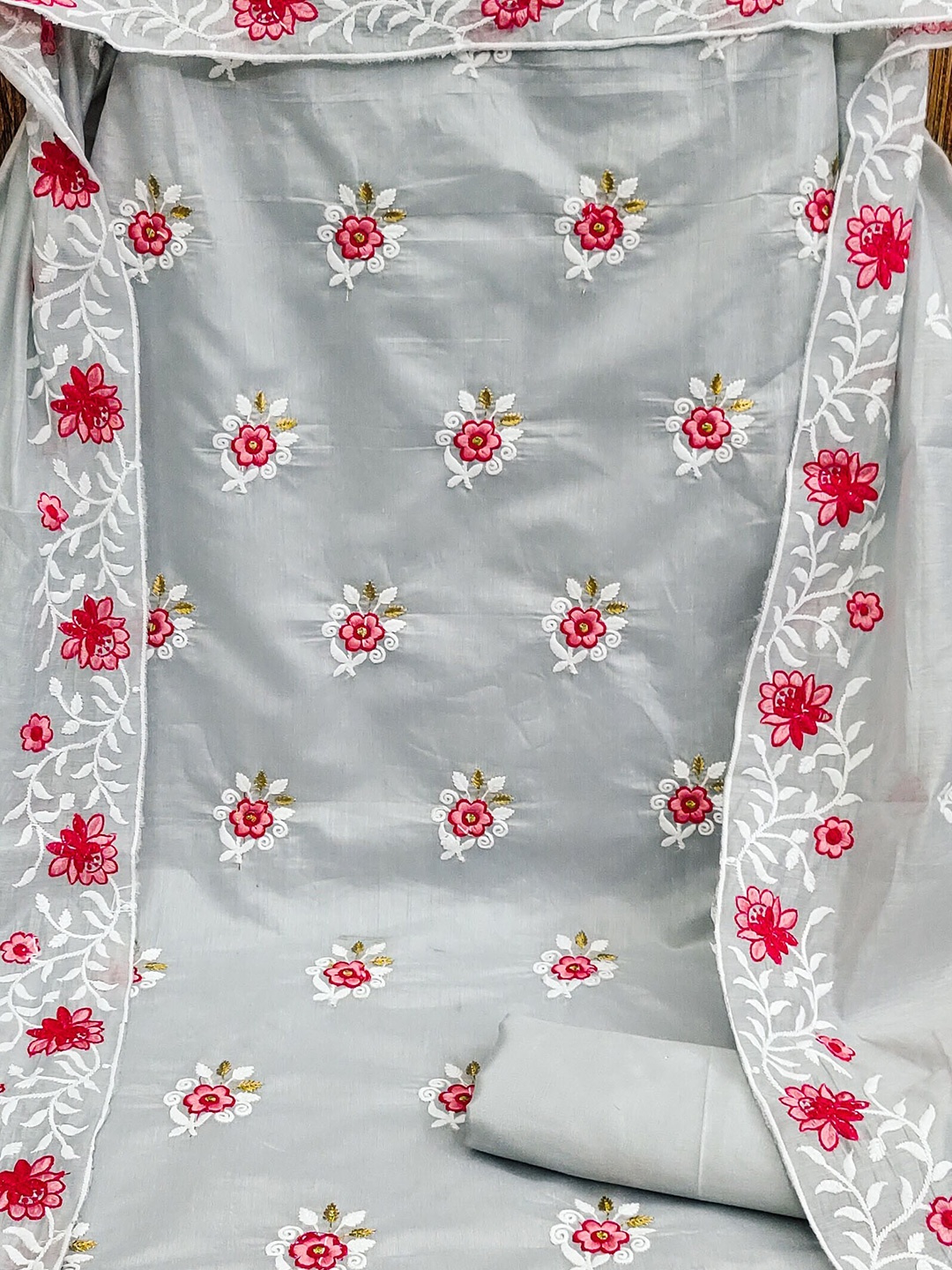 

SHADOW & SAINING Floral Embroidered Chanderi Cotton Unstitched Dress Material, Grey