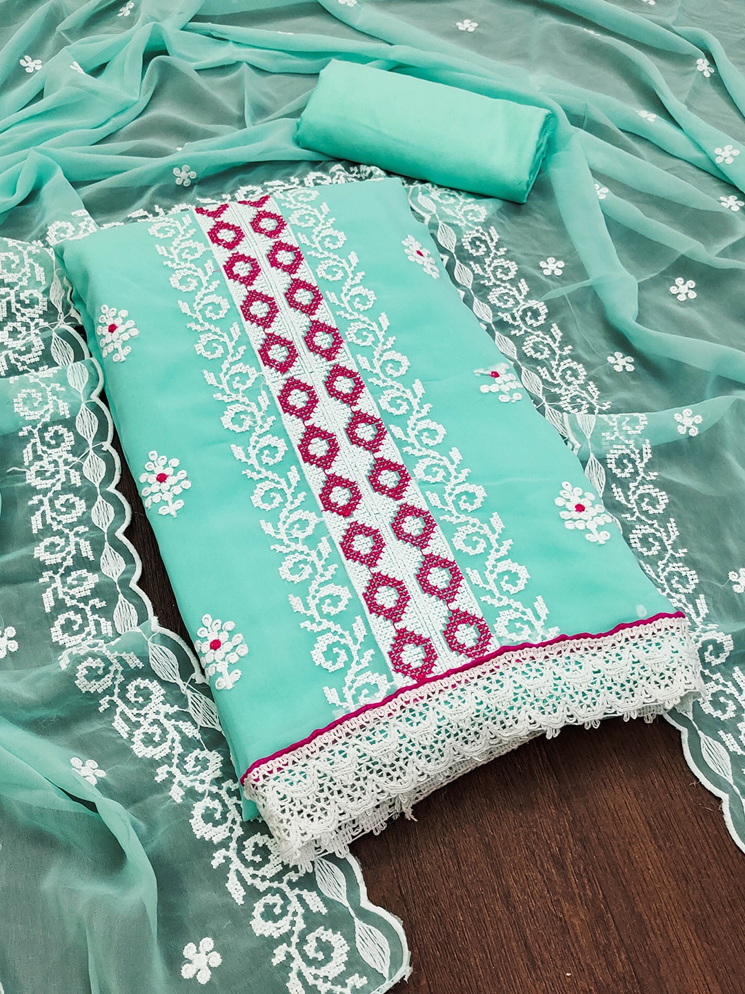 

SHADOW & SAINING Embroidered Silk Georgette Unstitched Dress Material, Sea green