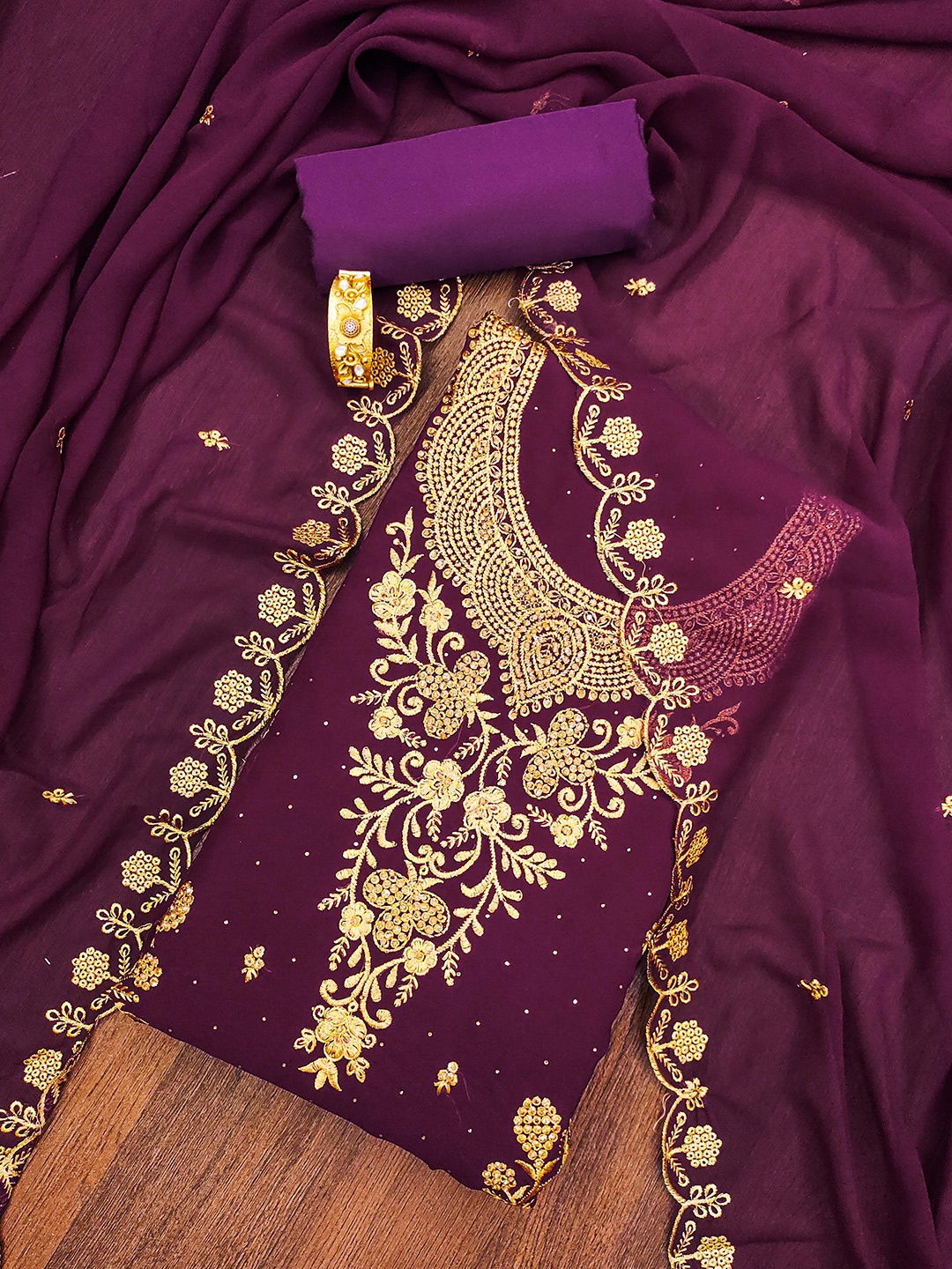 

SHADOW & SAINING Embroidered Silk Georgette Unstitched Dress Material, Purple