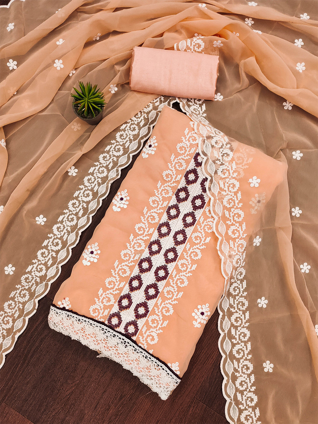 

SHADOW & SAINING Floral Embroidered Silk Georgette Unstitched Dress Material, Peach