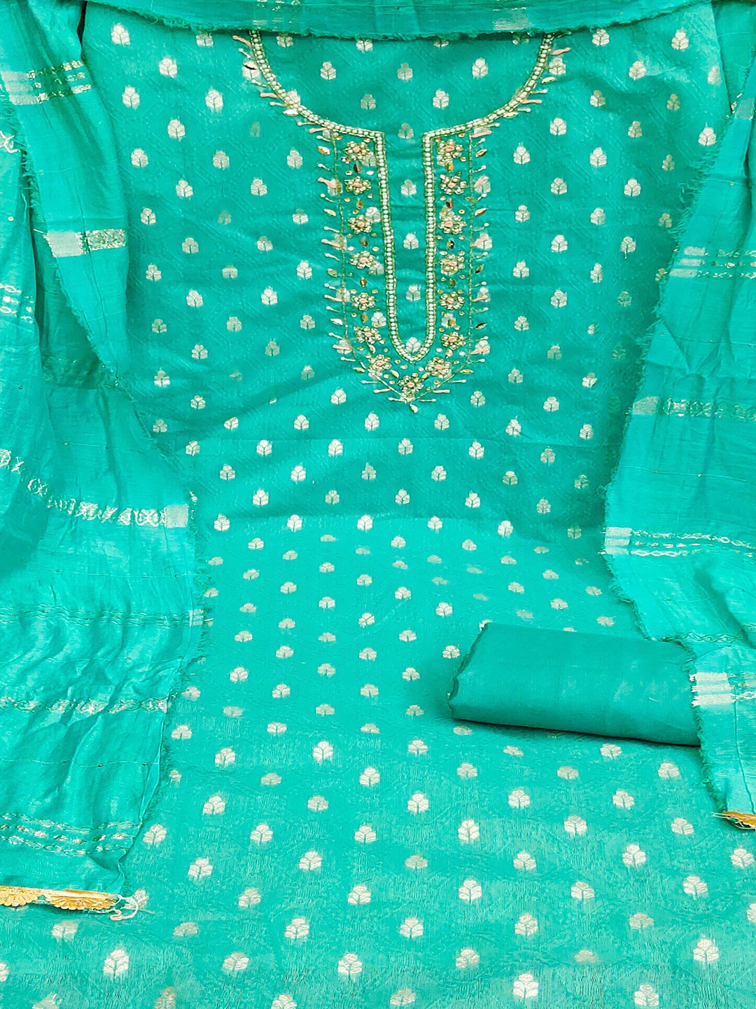 

SHADOW & SAINING Floral Woven Design Unstitched Dress Material, Sea green