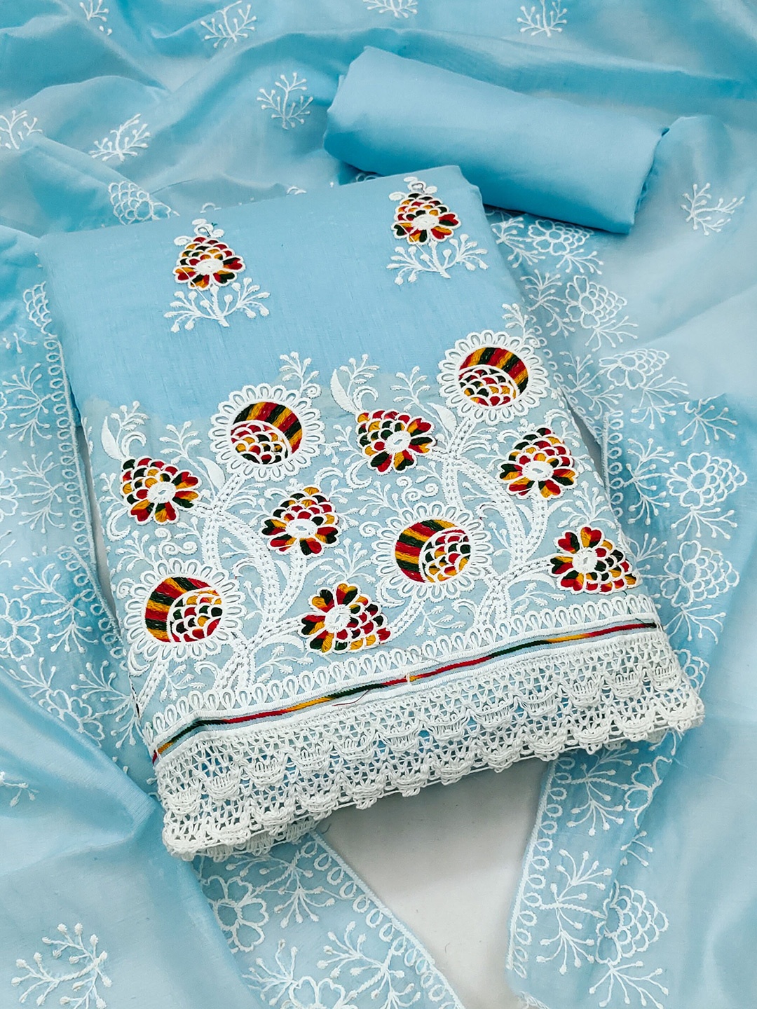 

SHADOW & SAINING Floral Embroidered Unstitched Dress Material, Blue
