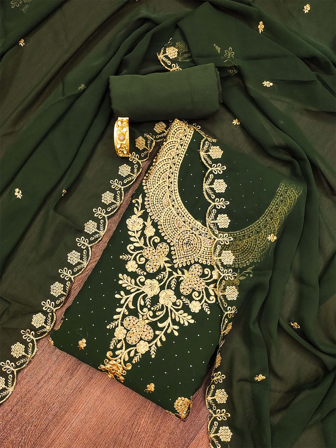 

SHADOW & SAINING Ethnic Motifs Embroidered Unstitched Dress Material, Olive