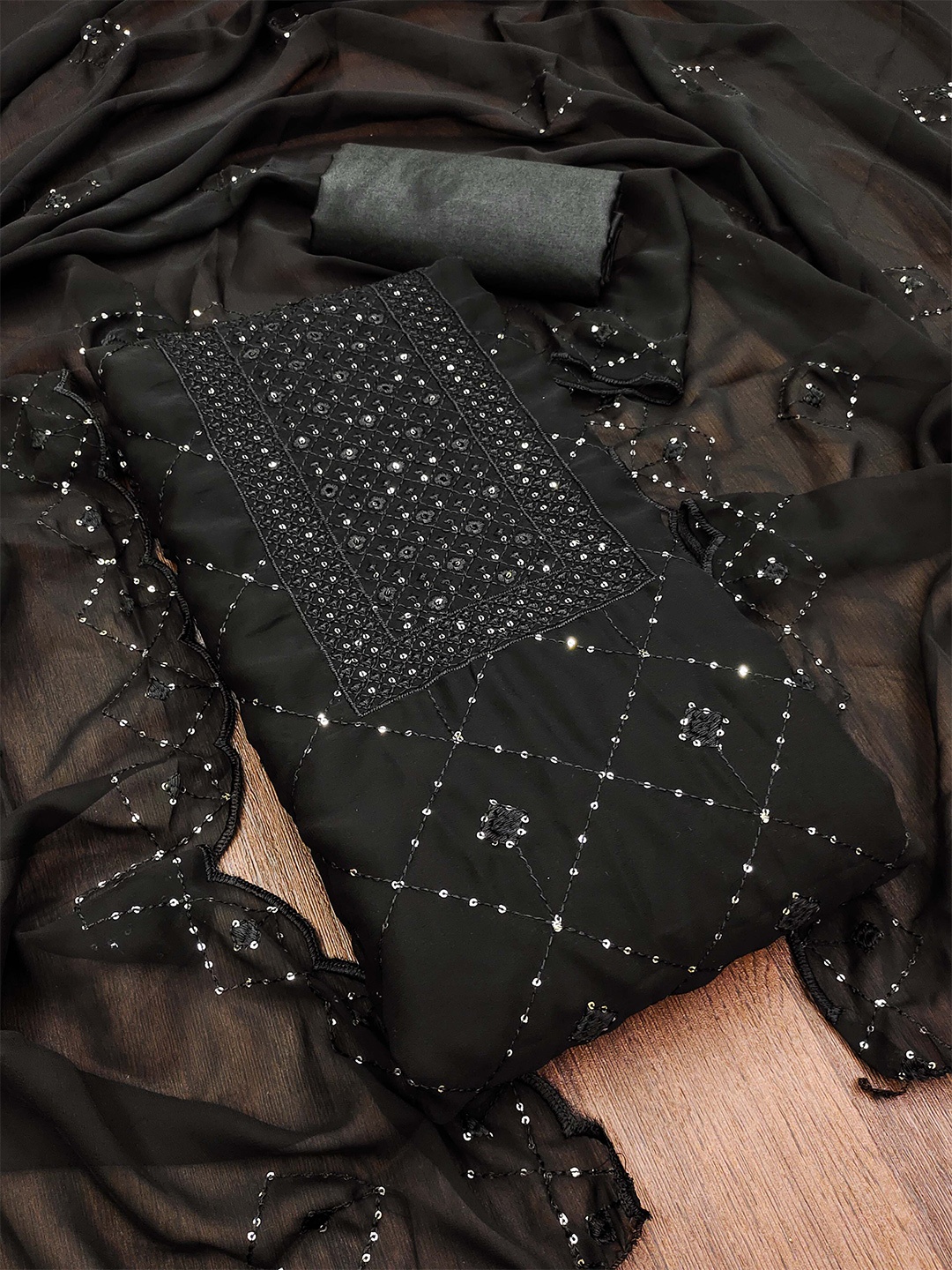 

SHADOW & SAINING Geometric Embellished Sequinned Unstitched Dress Material, Black