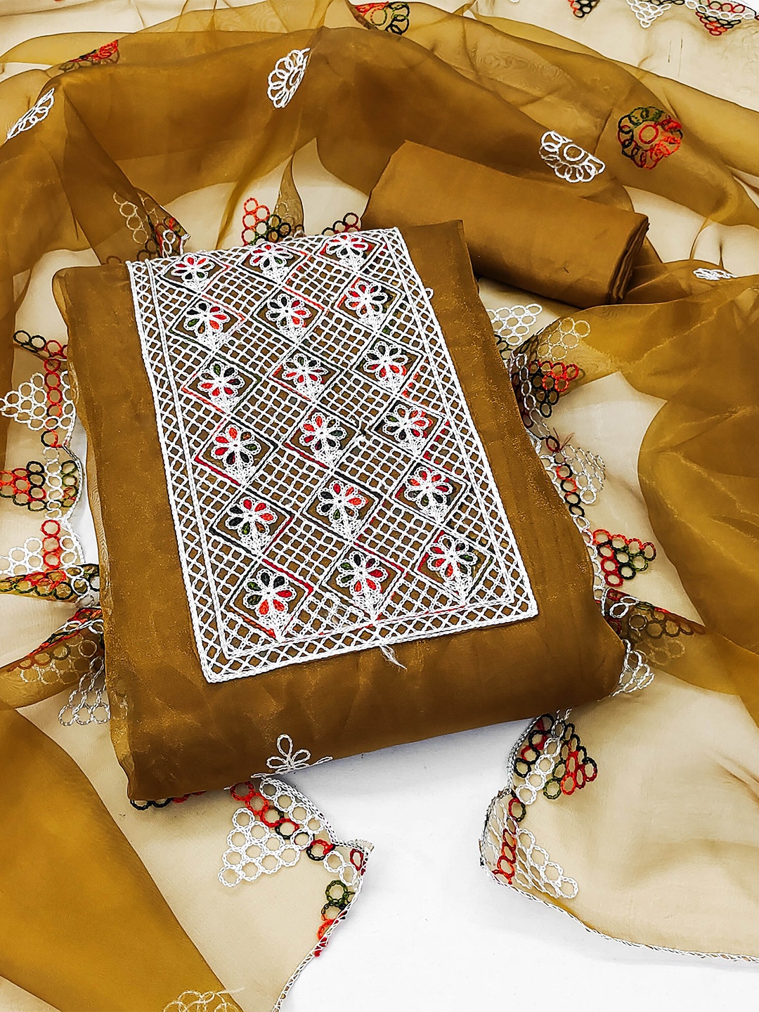 

SHADOW & SAINING Ethnic Motifs Embroidered Organza Unstitched Dress Material, Mustard