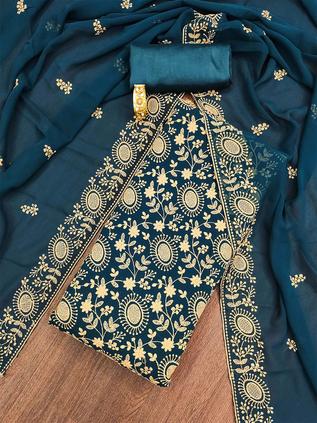 

SHADOW & SAINING Floral Embroidered Silk Georgette Unstitched Dress Material, Teal