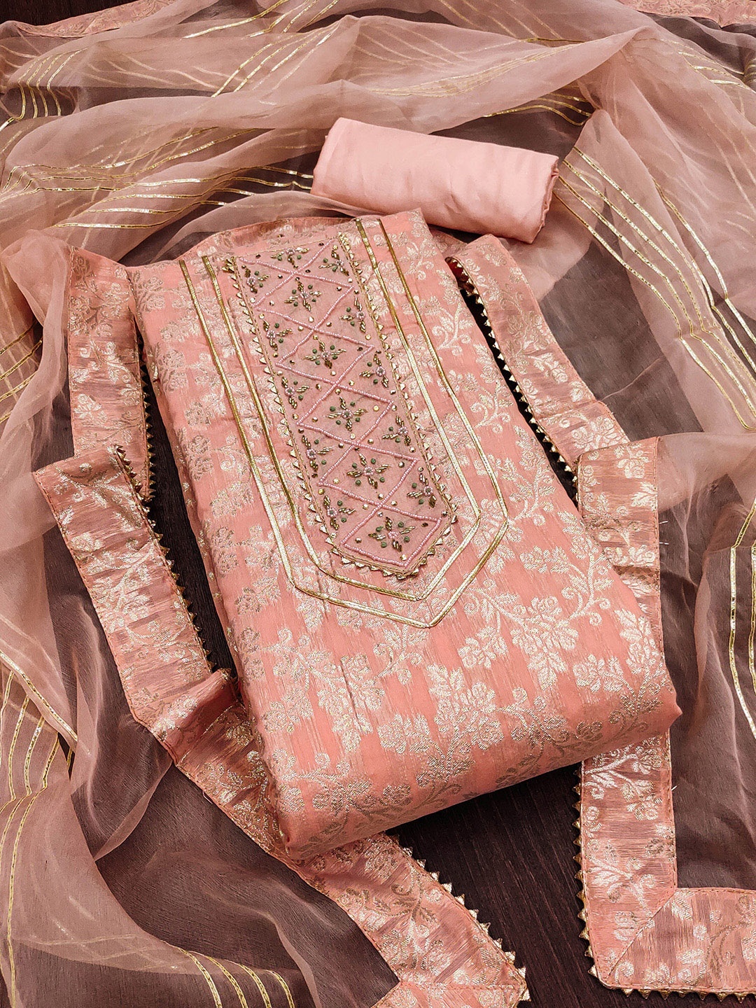 

SHADOW & SAINING Woven Design Unstitched Dress Material, Peach