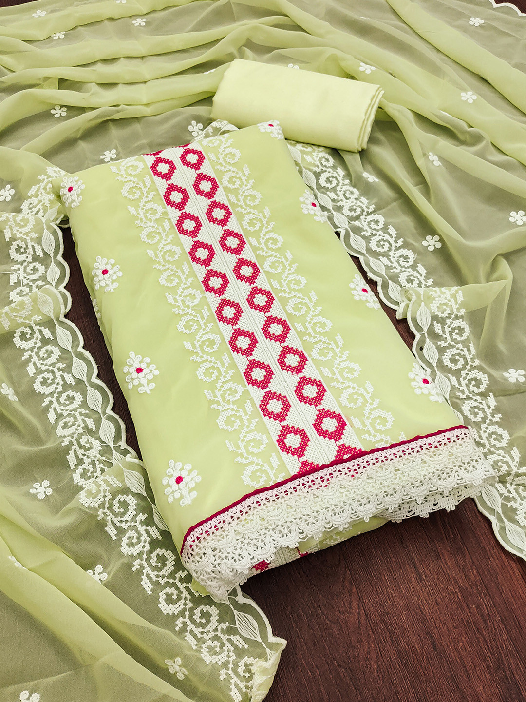 

SHADOW & SAINING Floral Embroidered Silk Georgette Unstitched Dress Material, Green