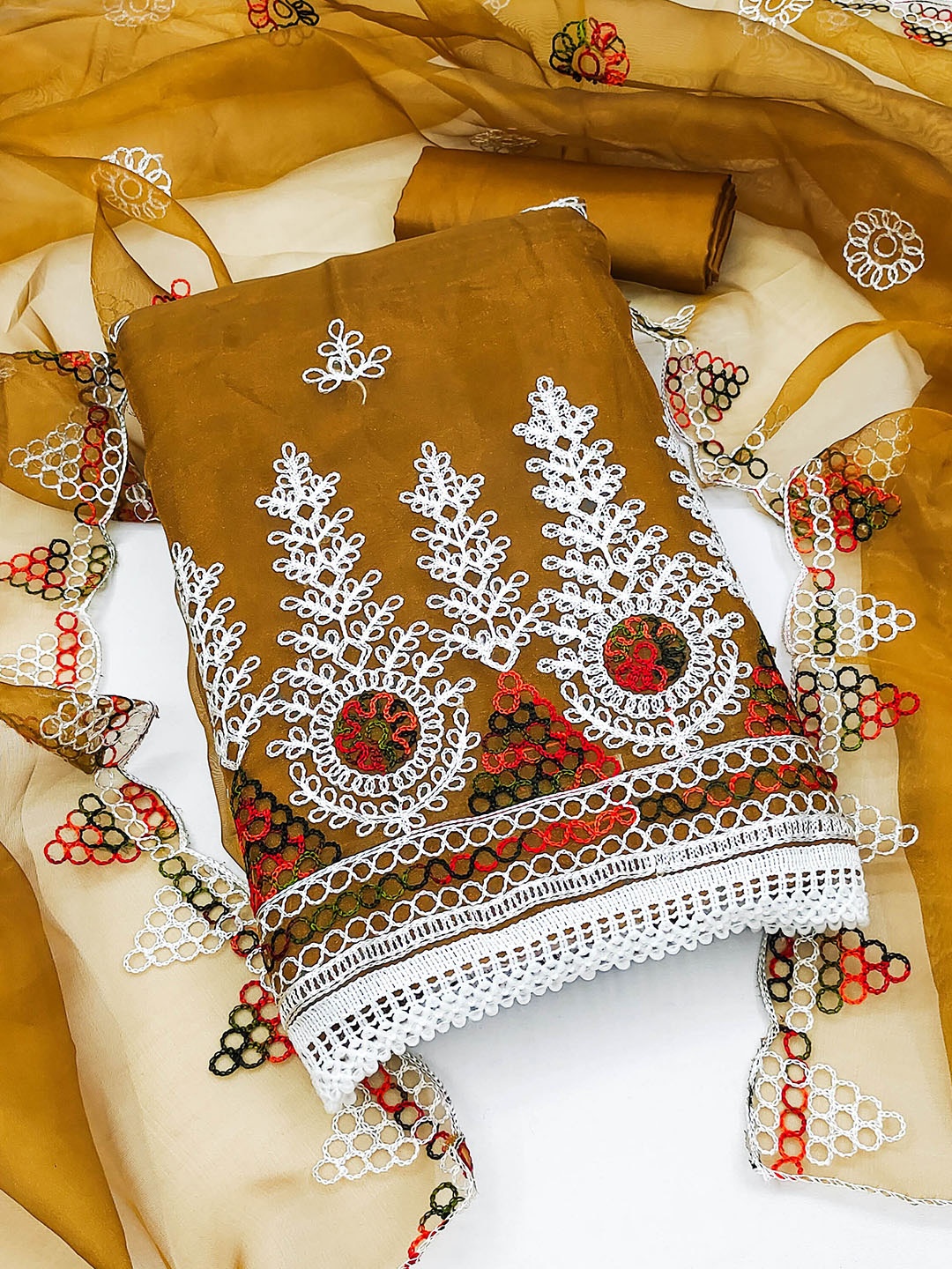 

SHADOW & SAINING Floral Embroidered Organza Unstitched Dress Material, Mustard