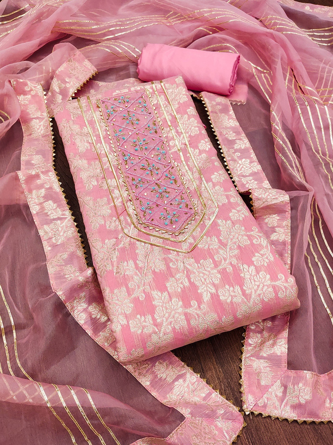 

SHADOW & SAINING Ethnic Motifs Woven Design Jacquard Unstitched Dress Material, Pink