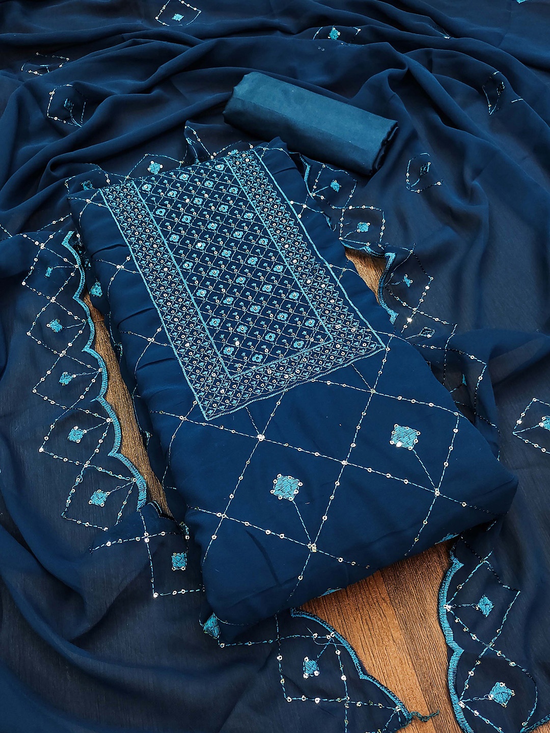 

SHADOW & SAINING Geometric Embroidered Silk Georgette Sequinned Unstitched Dress Material, Teal