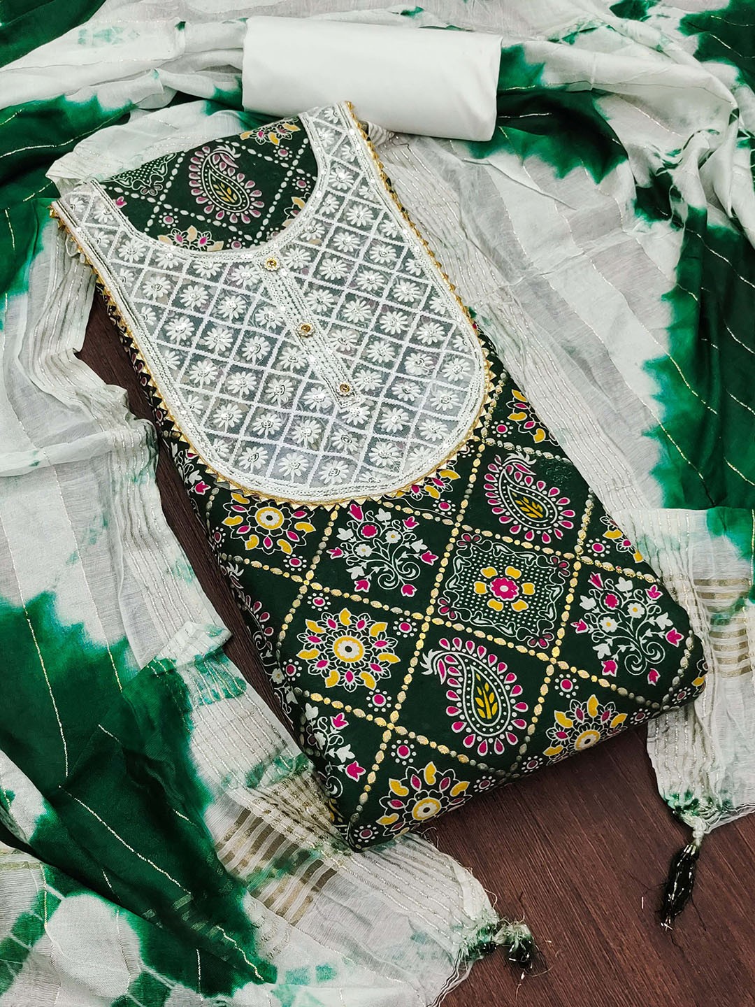 

SHADOW & SAINING Ethnic Motifs Printed Unstitched Dress Material, Green