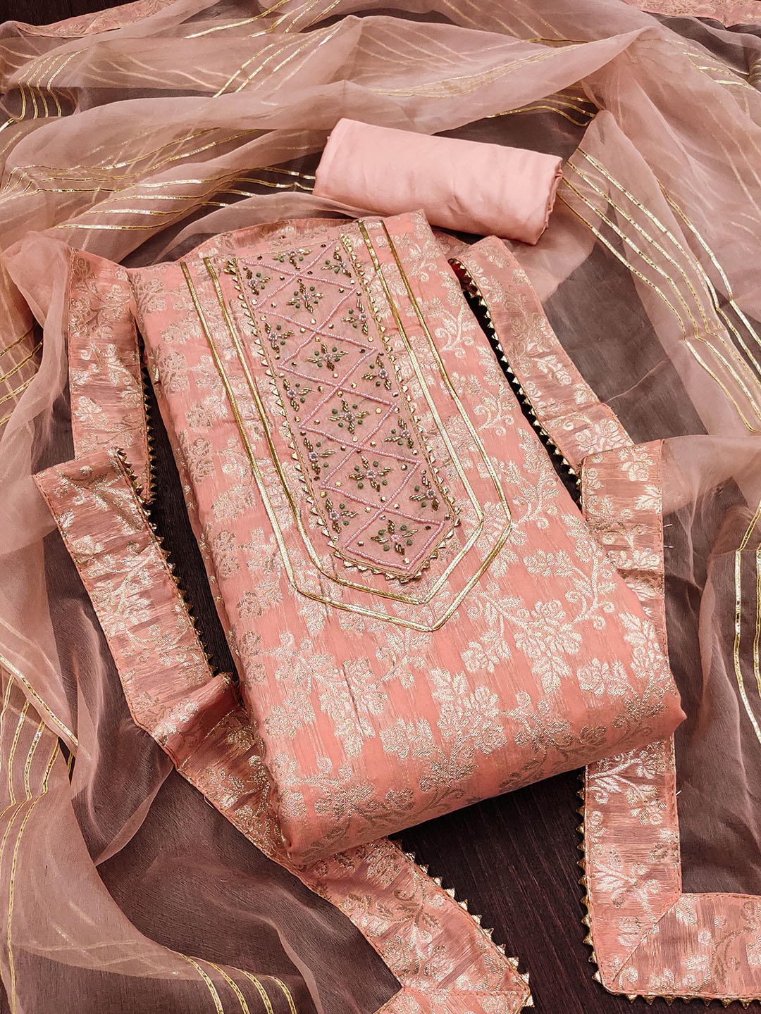 

SHADOW & SAINING Ethnic Motifs Woven Design Jacquard Unstitched Dress Material, Peach