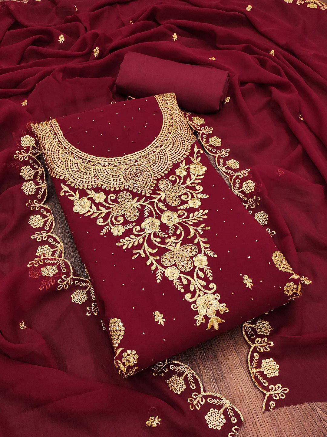 

SHADOW & SAINING Embroidered Silk Georgette Unstitched Dress Material, Maroon