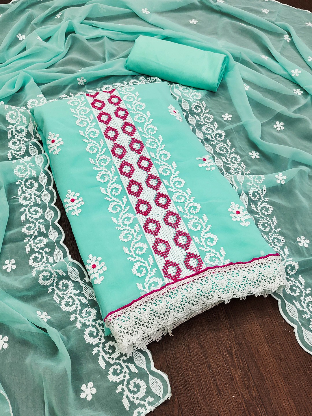 

SHADOW & SAINING Embroidered Silk Georgette Unstitched Dress Material, Sea green