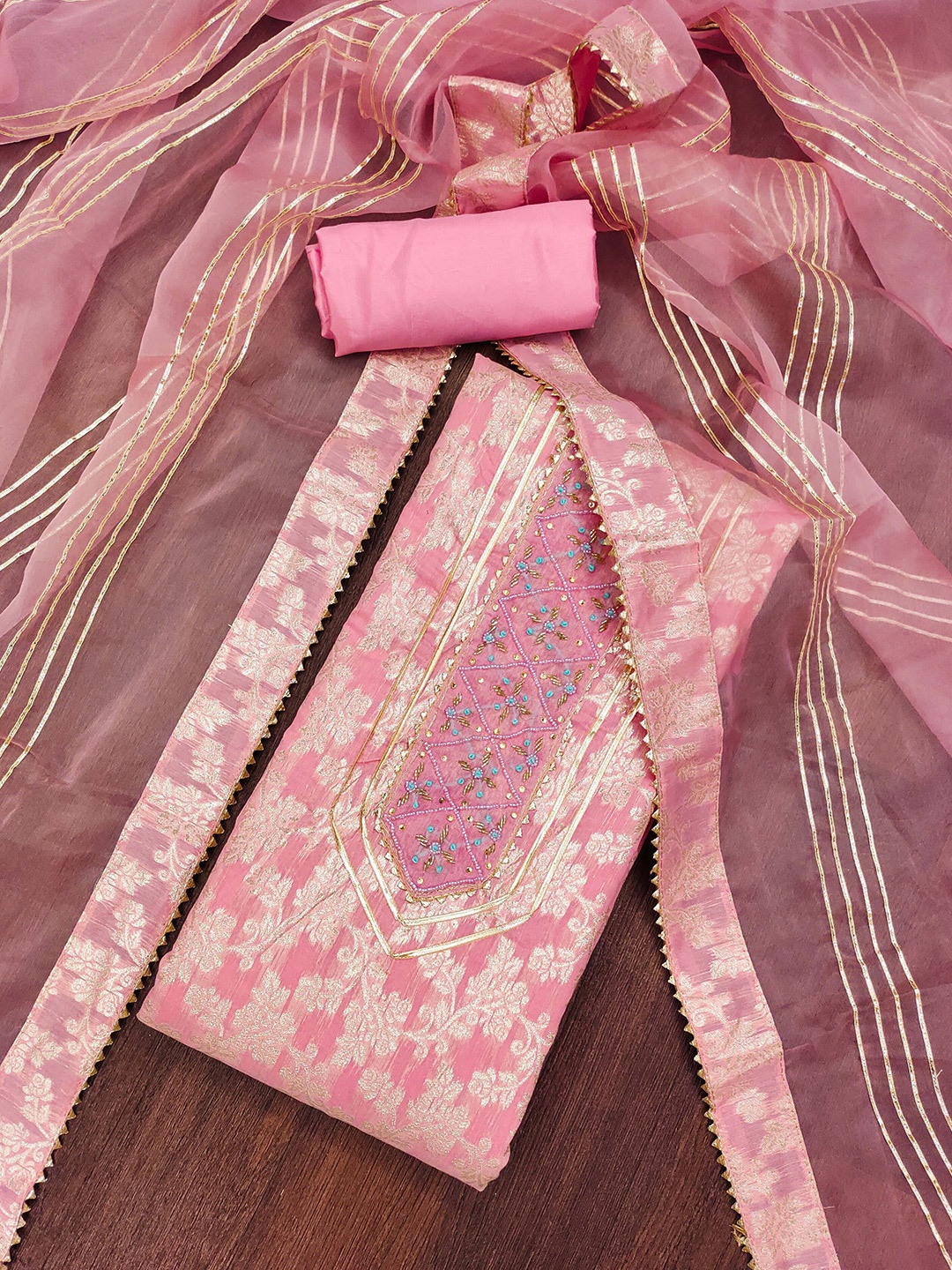 

SHADOW & SAINING Floral Woven Design Unstitched Dress Material, Pink