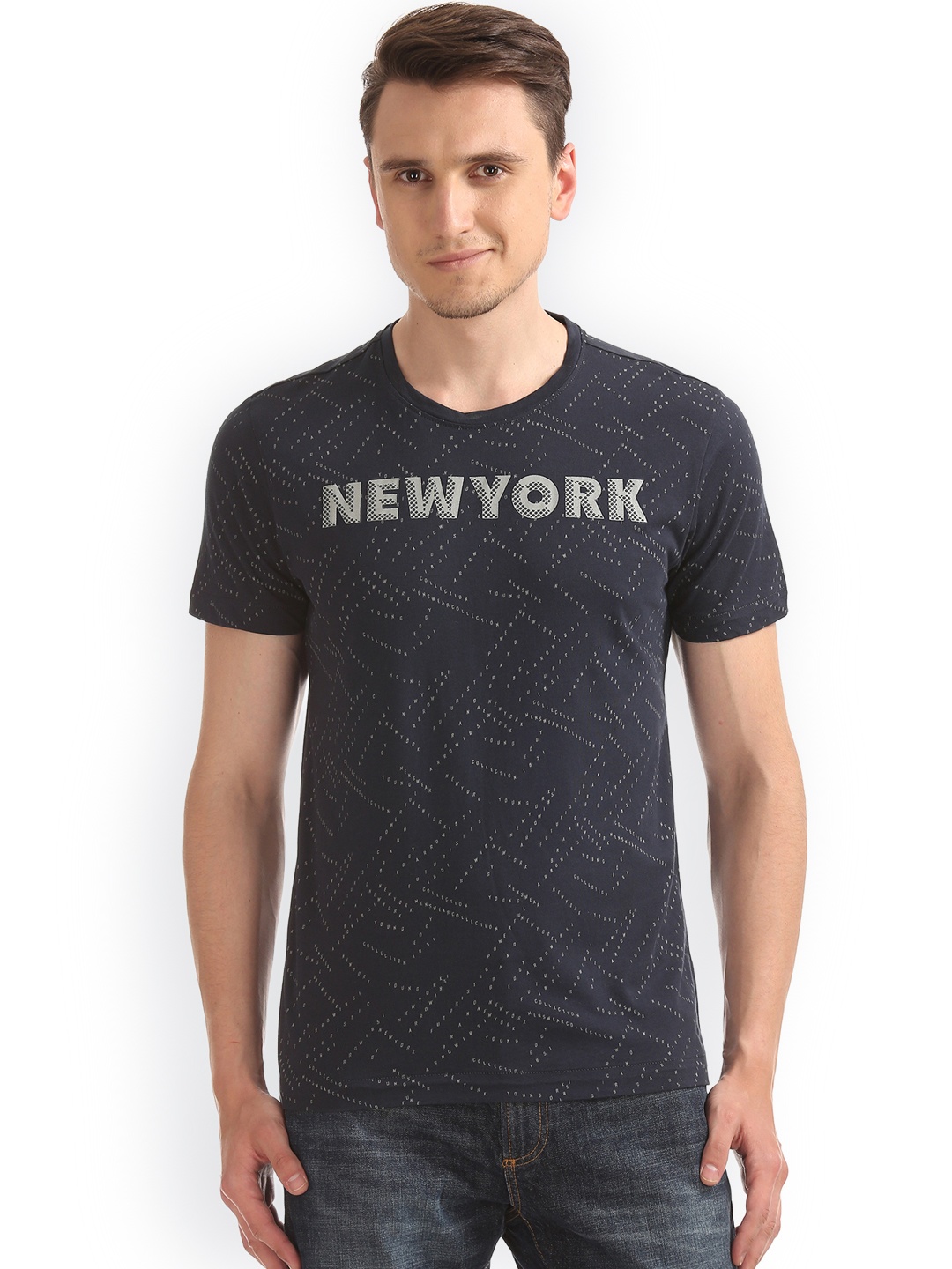 

Arrow New York Men Navy Blue Printed Round Neck Pure Cotton T-shirt