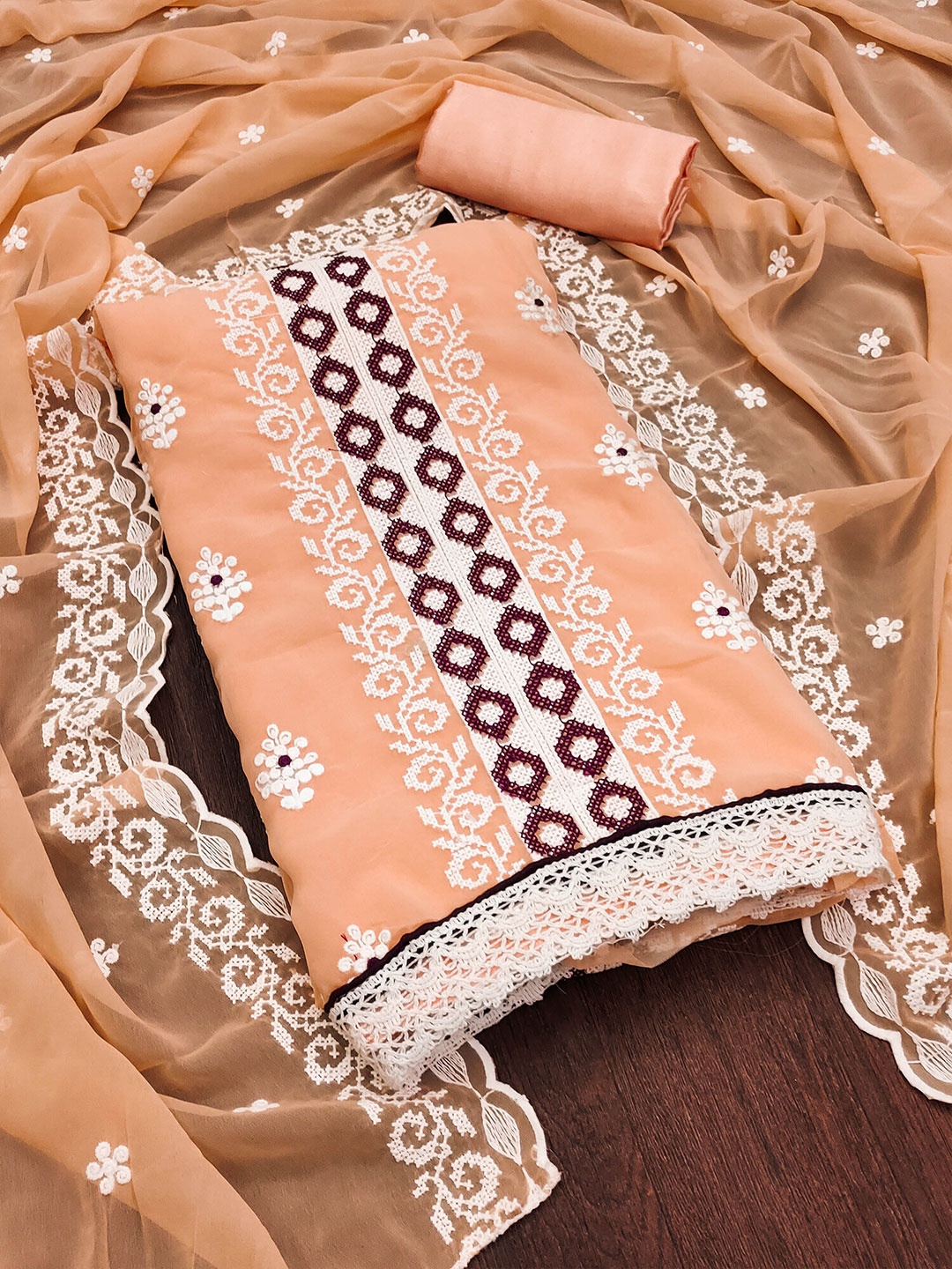 

SHADOW & SAINING Embroidered Silk Georgette Unstitched Dress Material, Peach