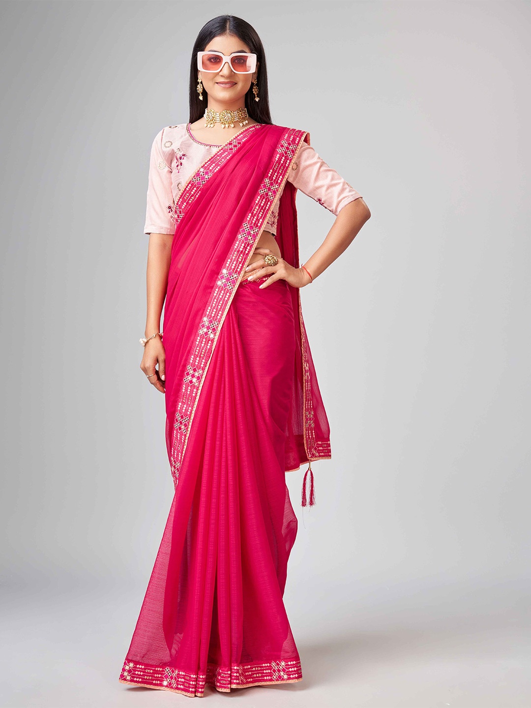 

choiceit Sequinned Poly Georgette Mysore Silk Saree, Red