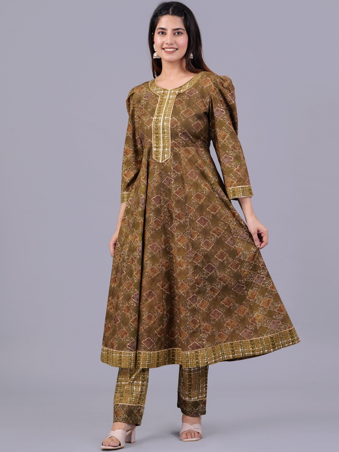

KALINI Ethnic Motifs Printed Gotta Patti Pure Cotton Kurta With Trousers, Brown