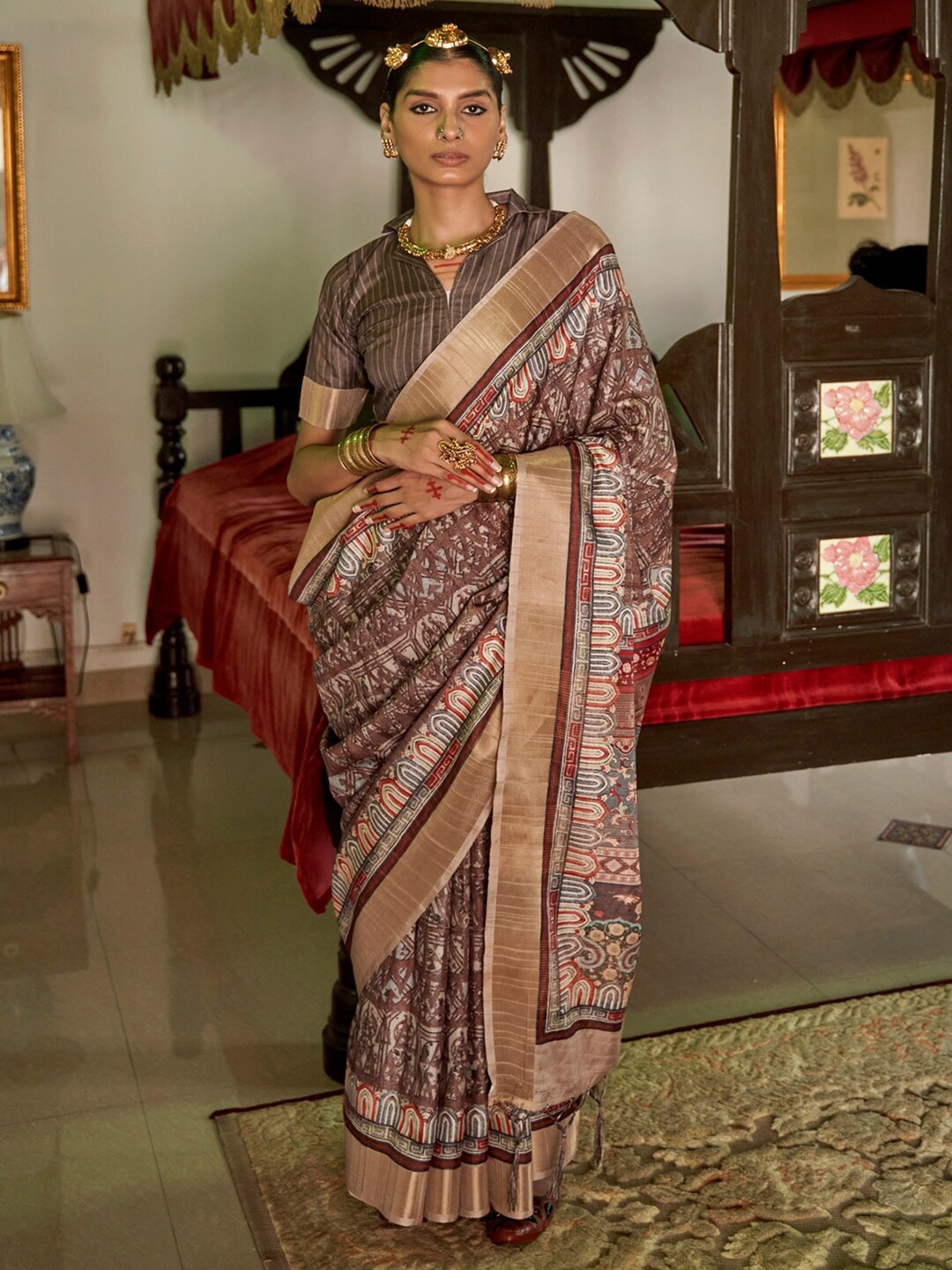 

Saree mall Ethnic Motifs Zari Sungudi Sarees, Brown
