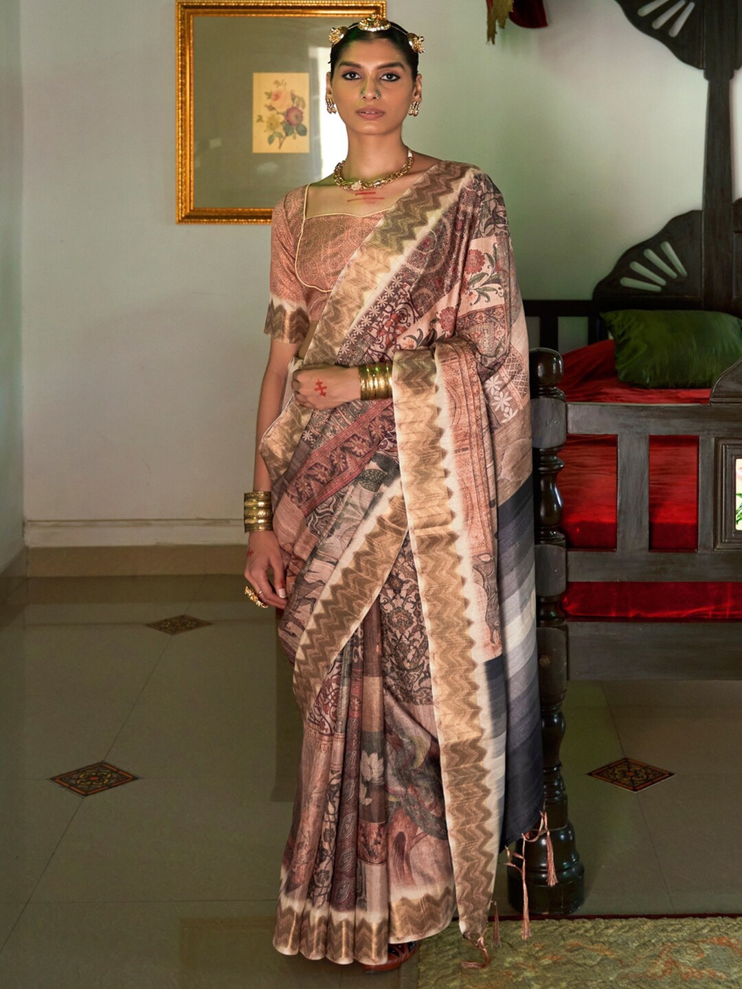 

Saree mall Brown & Gold-Toned Ethnic Motifs Printed Zari Sungudi Sarees