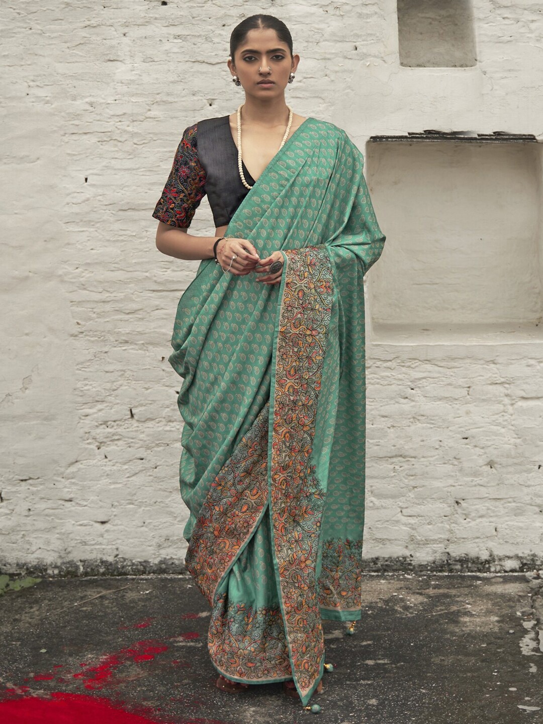 

Saree mall Green & Red Paisley Embroidered Sarees