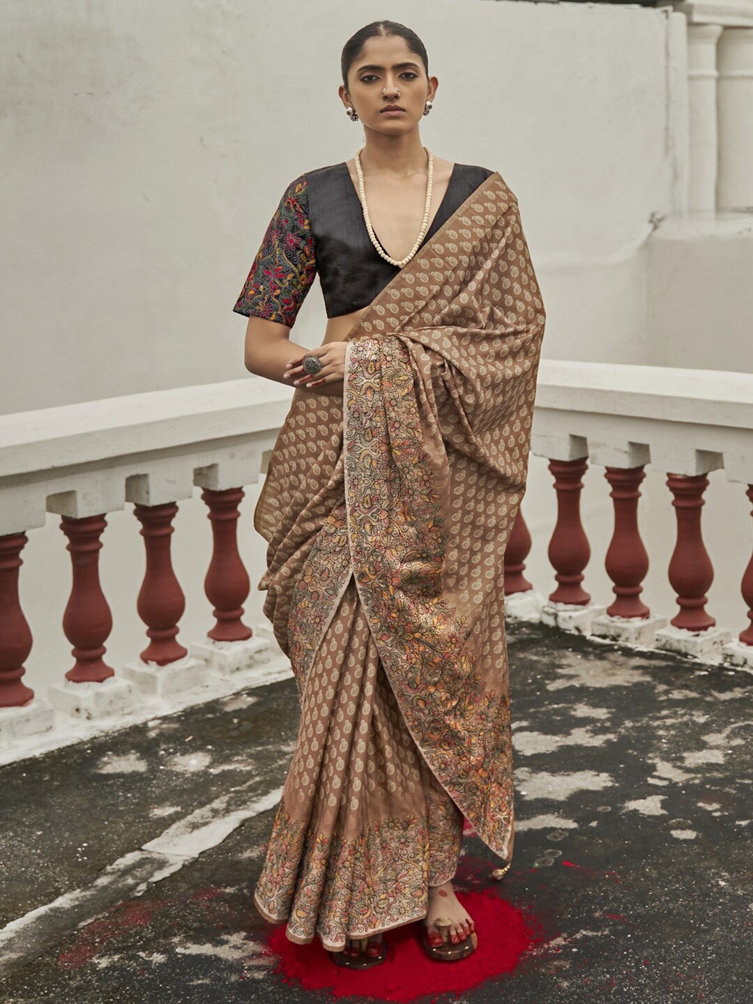 

Saree mall Ethnic Motifs Embroidered Saree, Brown