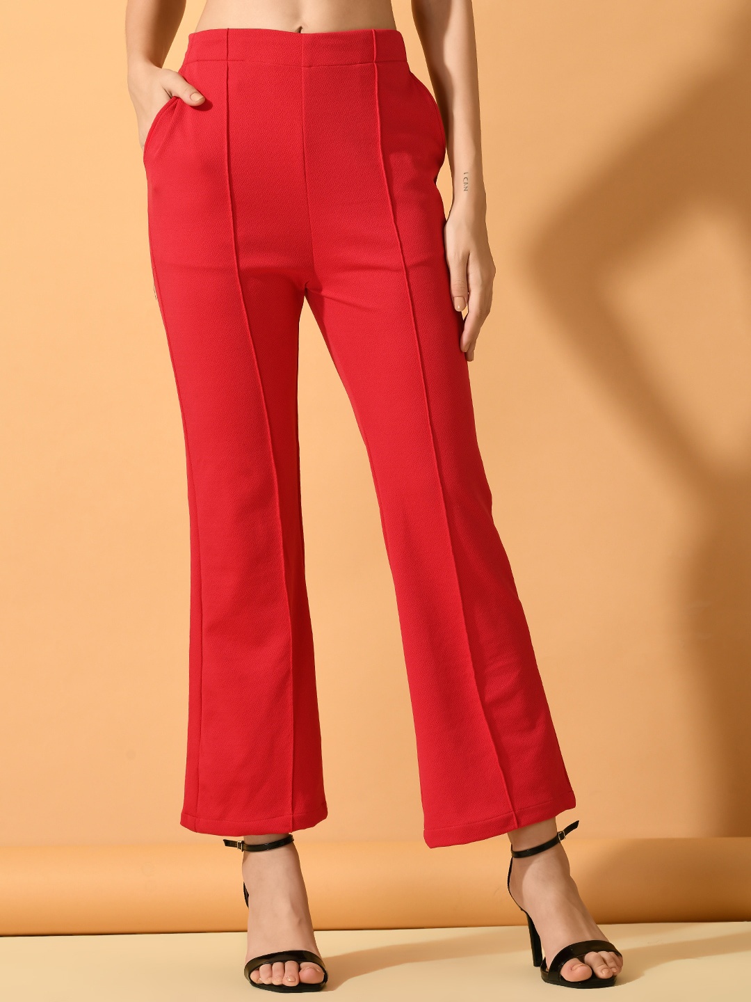 

Myshka Women Comfort Flared Mid-Rise Wrinkle Free Parallel Trousers, Pink