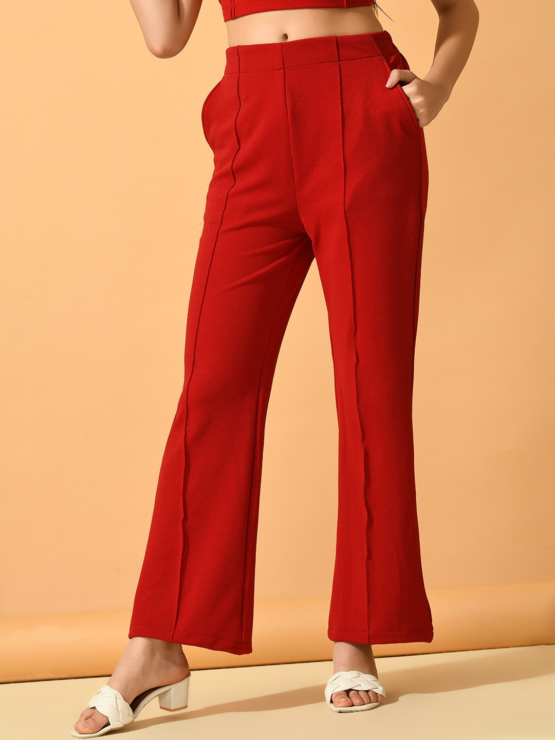 

Myshka Women Comfort Flared Wrinkle Free Pleated Parallel Trousers, Red