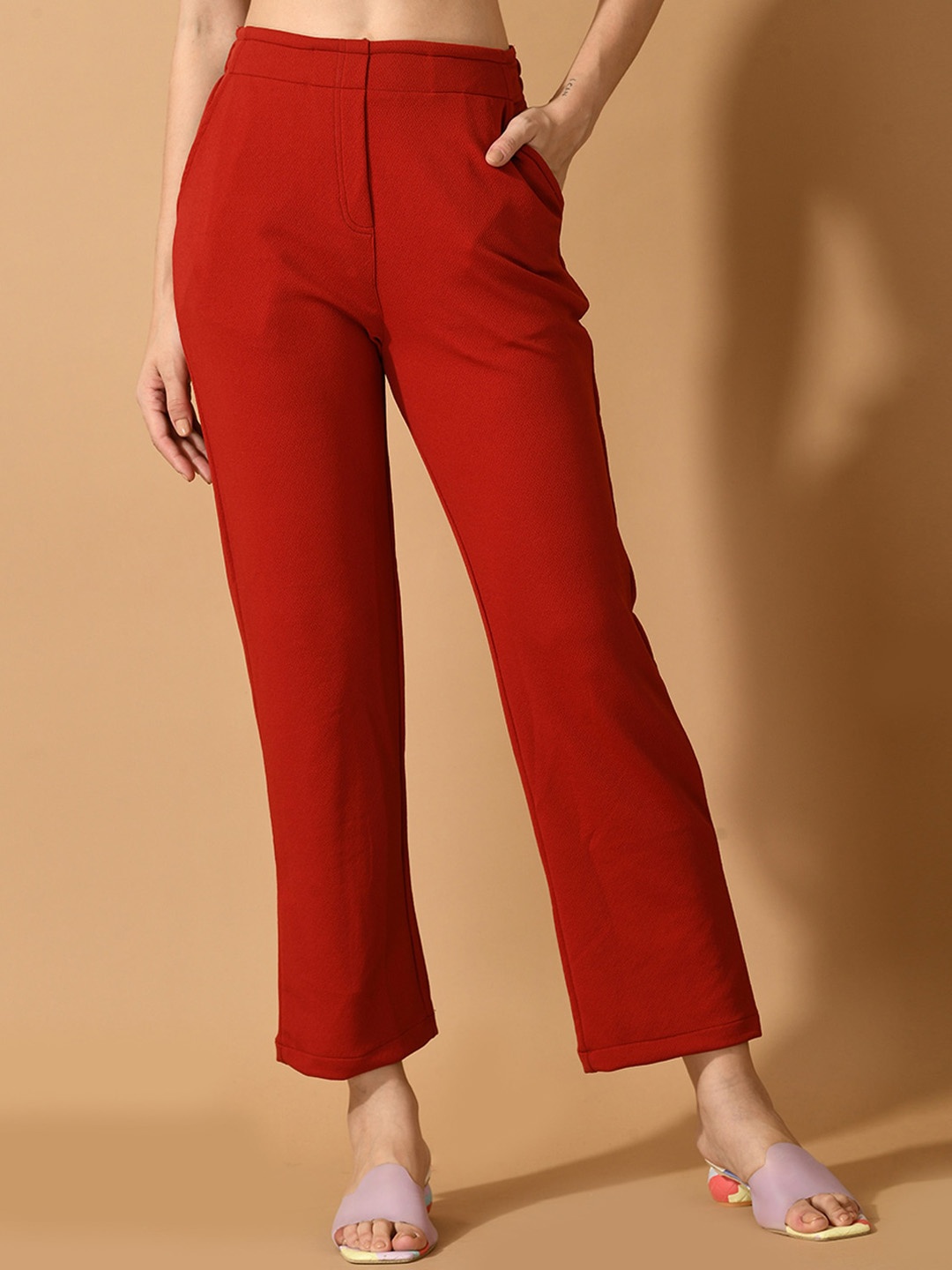 

Myshka Women Comfort Straight Fit Wrinkle Free Parallel Trousers, Red