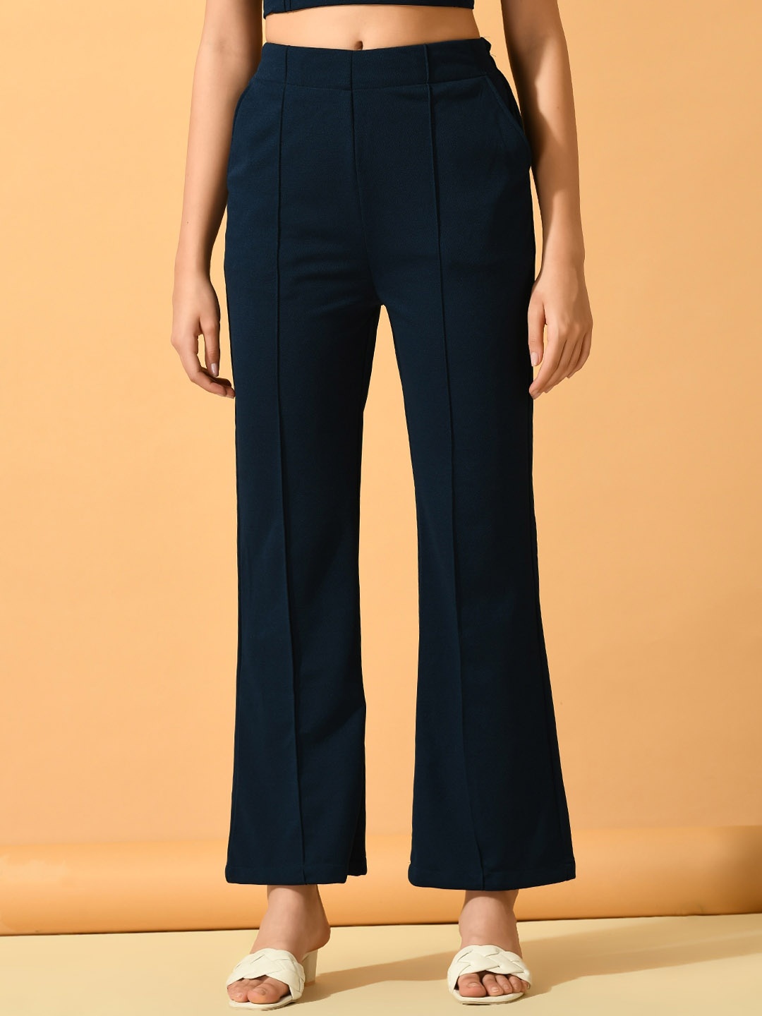 

Myshka Women Comfort Flared Mid-Rise Wrinkle Free Bootcut Trousers, Navy blue