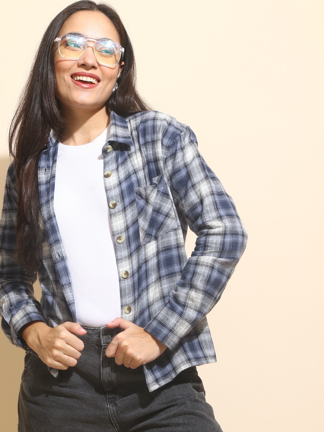 

Mast & Harbour Grey Tartan Checks Twill Pure Cotton Oversized Casual Shirt