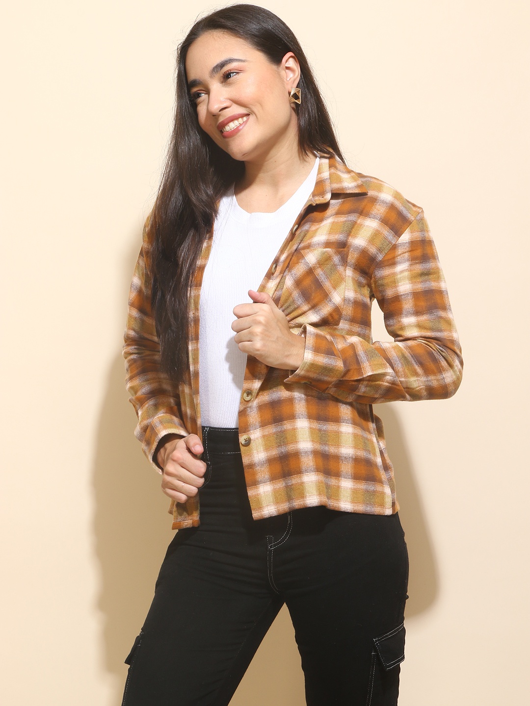 

Mast & Harbour Mustard Yellow Tartan Checks Twill Pure Cotton Oversized Casual Shacket