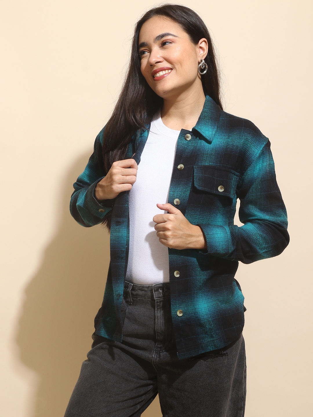 

Mast & Harbour Black Tartan Checks Twill Pure Cotton Oversized Casual Shacket