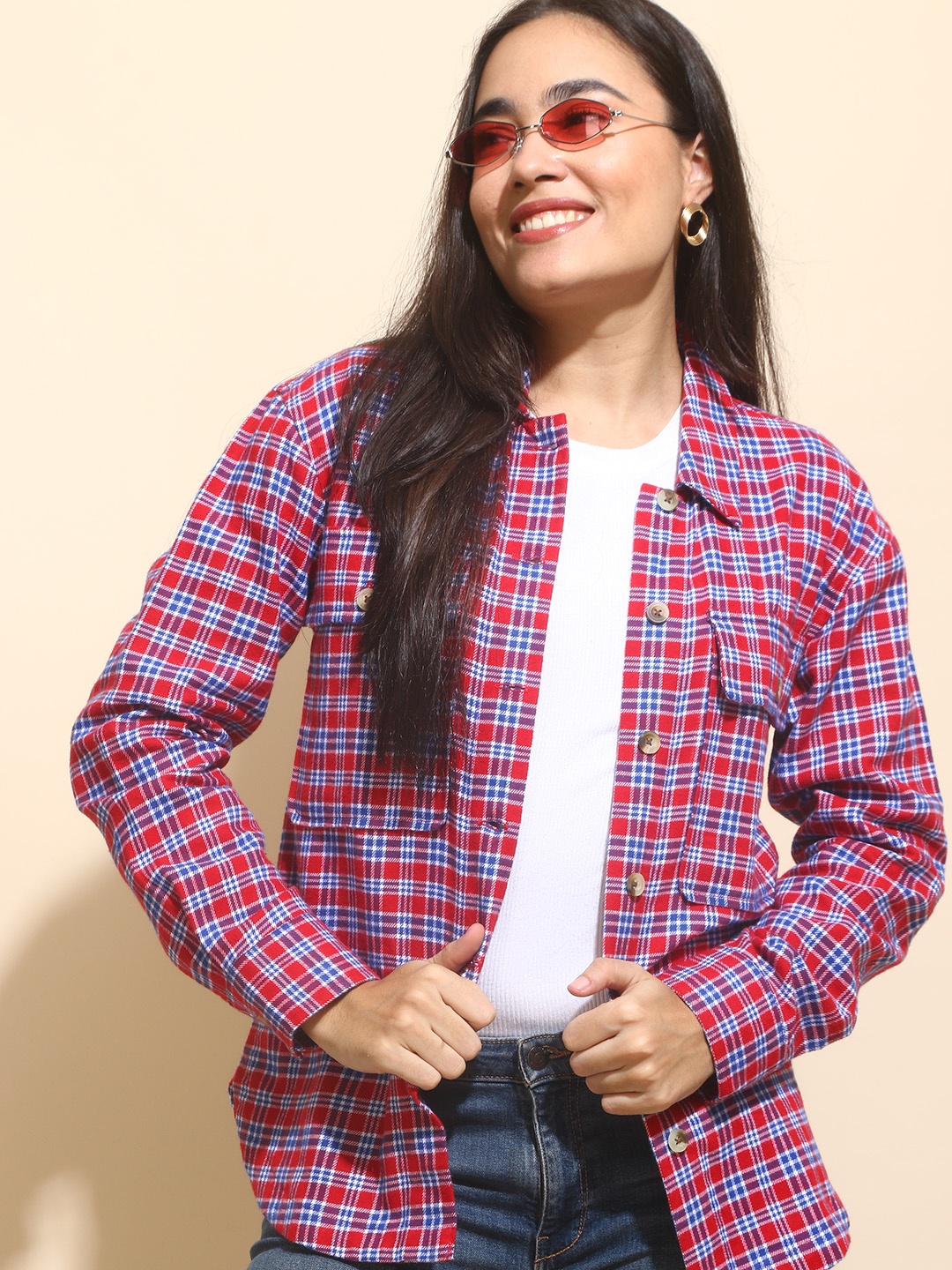 

Mast & Harbour Red Tartan Checks Twill Pure Cotton Oversized Casual Shacket