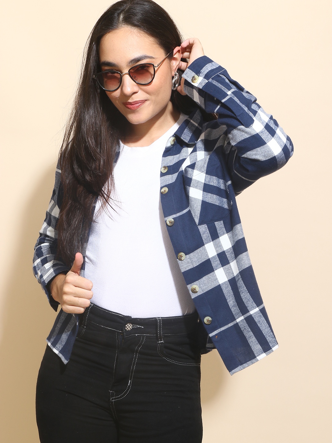 

Mast & Harbour Navy Blue Tartan Checks Twill Pure Cotton Oversized Casual Shacket