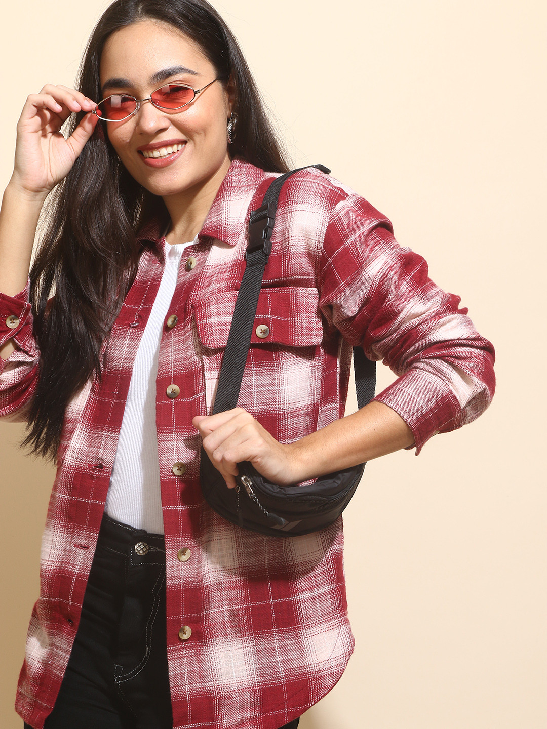

Mast & Harbour Maroon Tartan Checks Twill Pure Cotton Oversized Casual Shacket