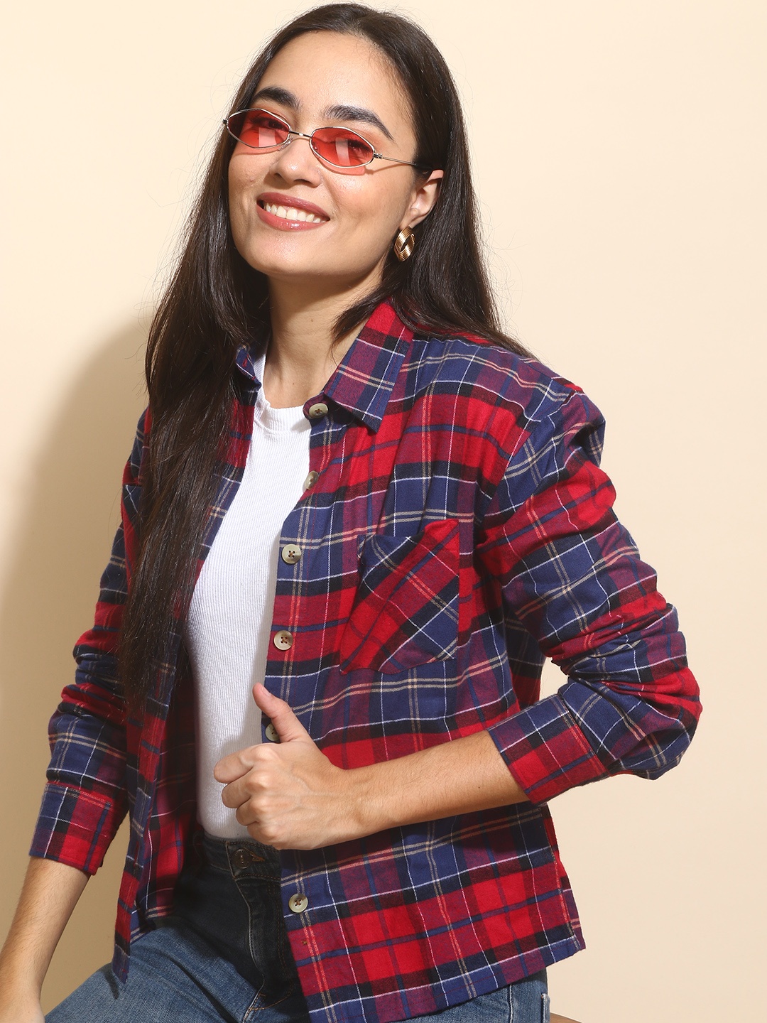 

Mast & Harbour Tartan Checked Twill Pure Cotton Casual Shacket, Maroon