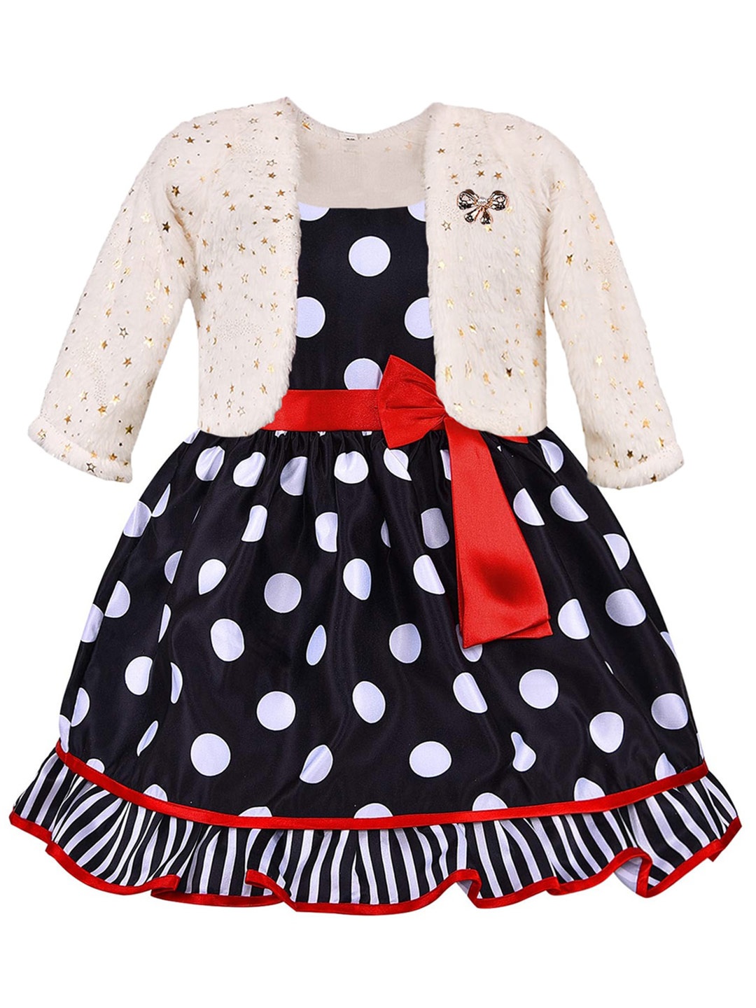 

Wish Karo Girls Polka Dot Printed Cotton Fit & Flare Dress With Jacket, Navy blue