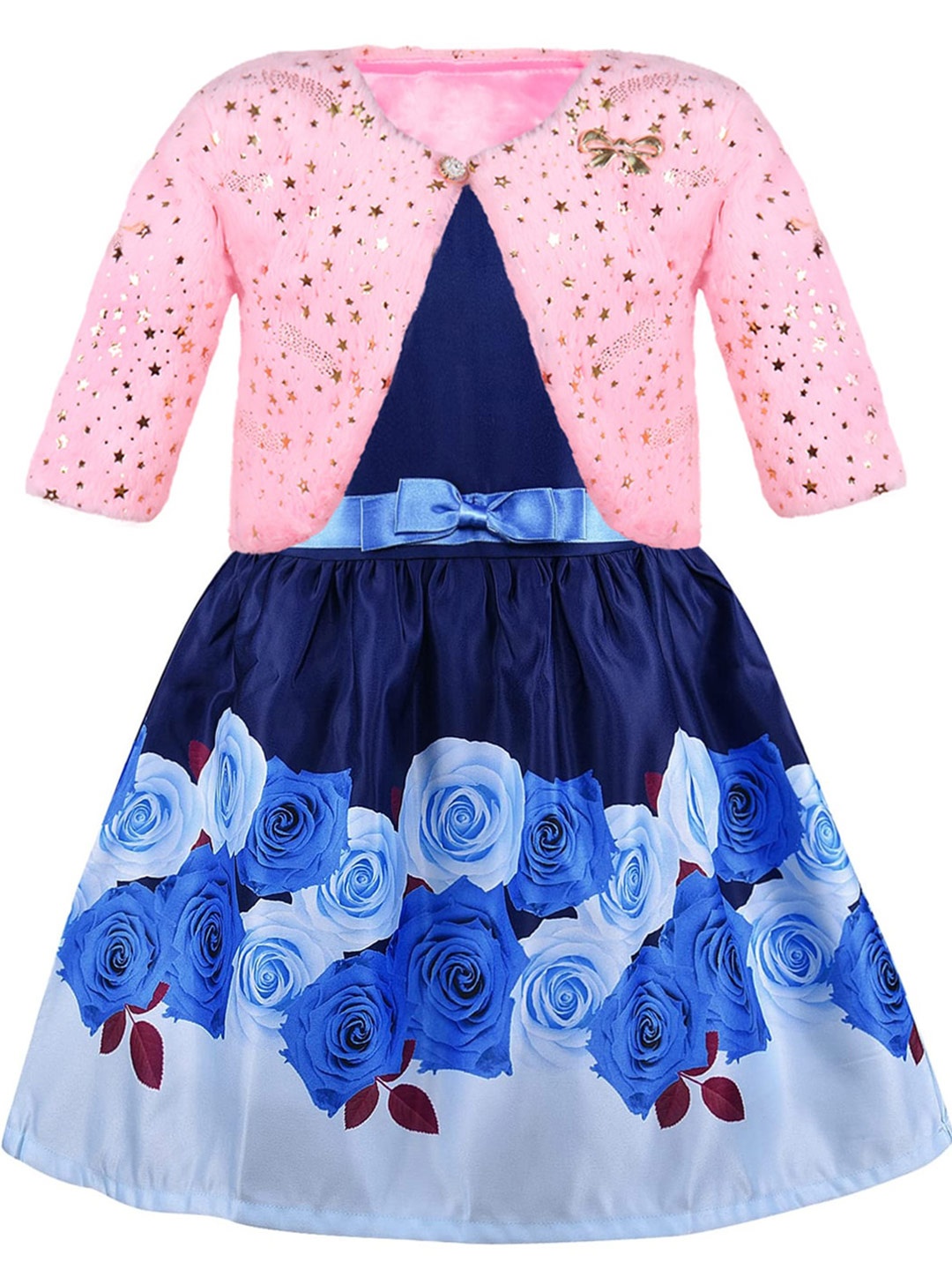 

Wish Karo Girls Floral Printed Silk Fit & Flare Dress With Jacket, Navy blue