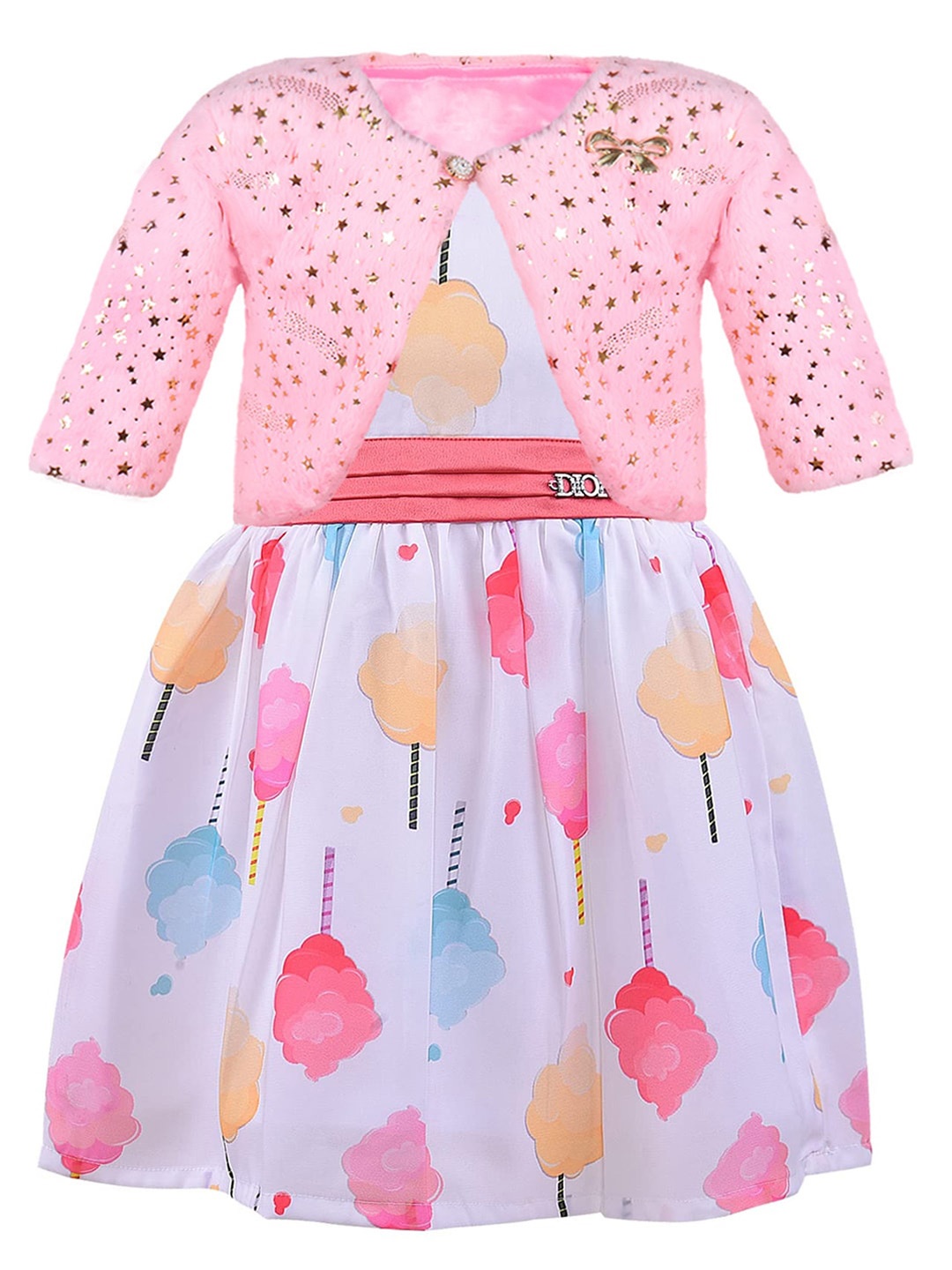 

Wish Karo Girls Graphic Printed Round Neck Gathered Silk A-Line Dress With Jacket, White