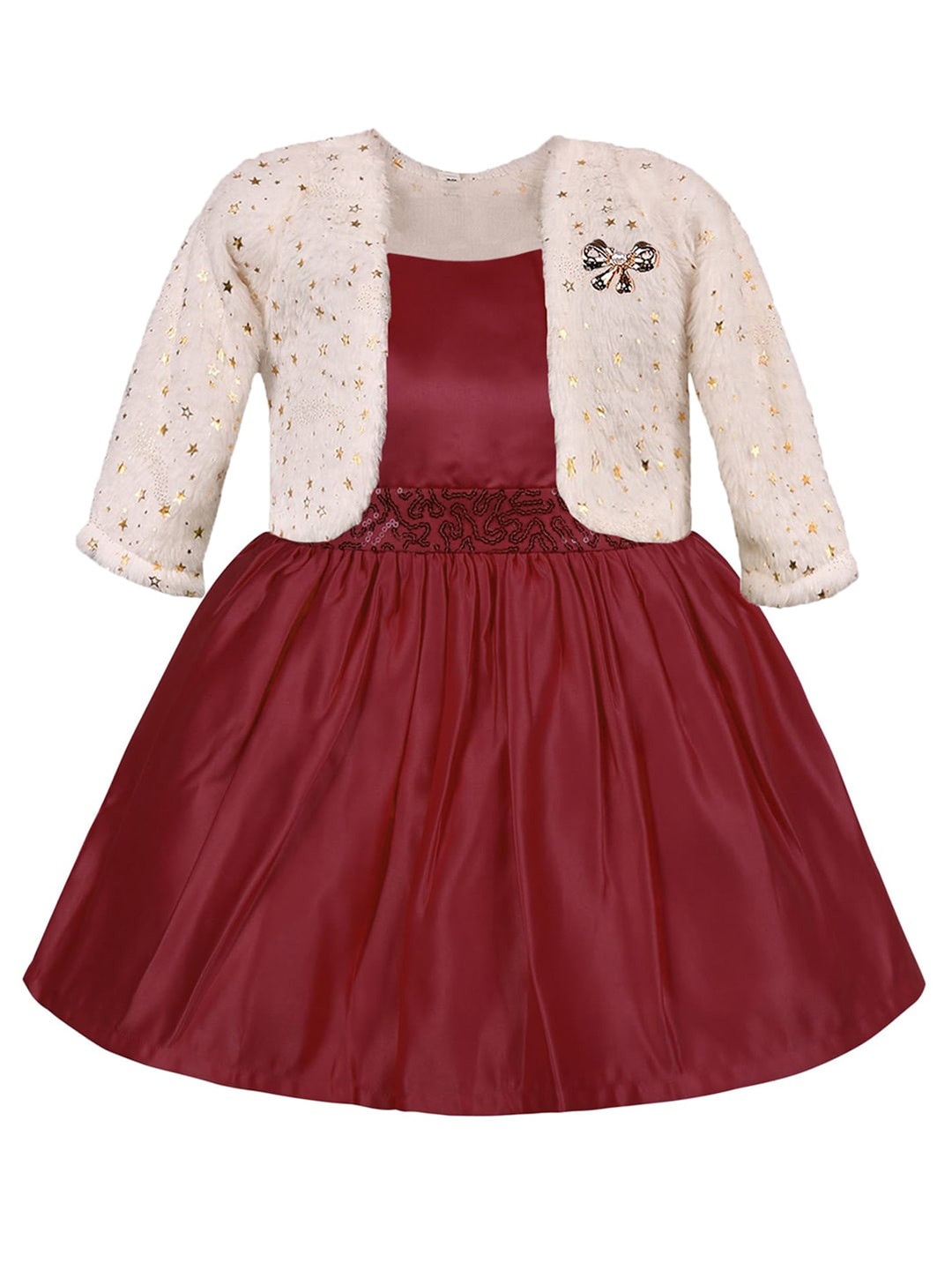 

Wish Karo Girls Round Neck Sequinned Silk A-Line Dress With Jacket, Maroon