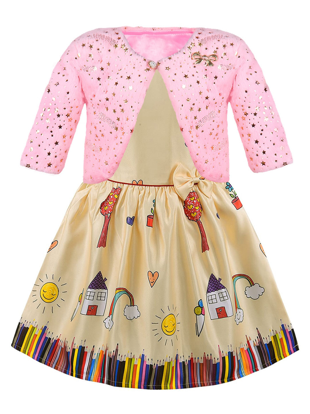 

Wish Karo Girls Graphic Printed Round Neck Gathered Silk A-Line Dress With Jacket, Yellow