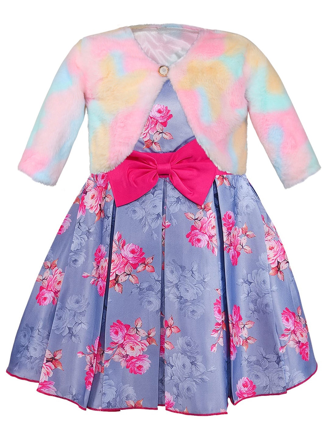 

Wish Karo Floral Printed Satin Fit & Flare Dress With Jacket, Grey