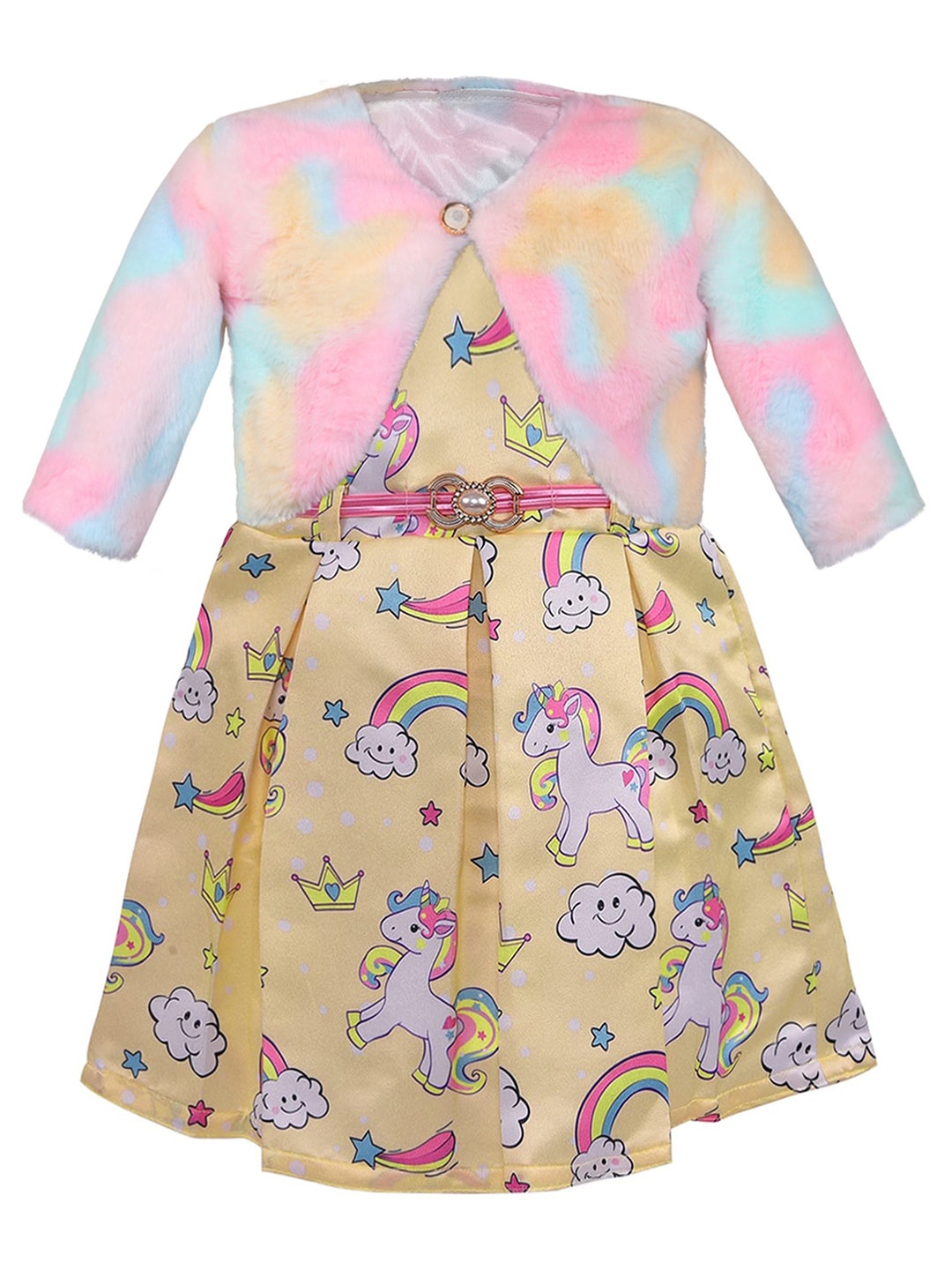 

Wish Karo Girls Conversational Printed Satin Fit & Flare Dress With Jacket, Yellow