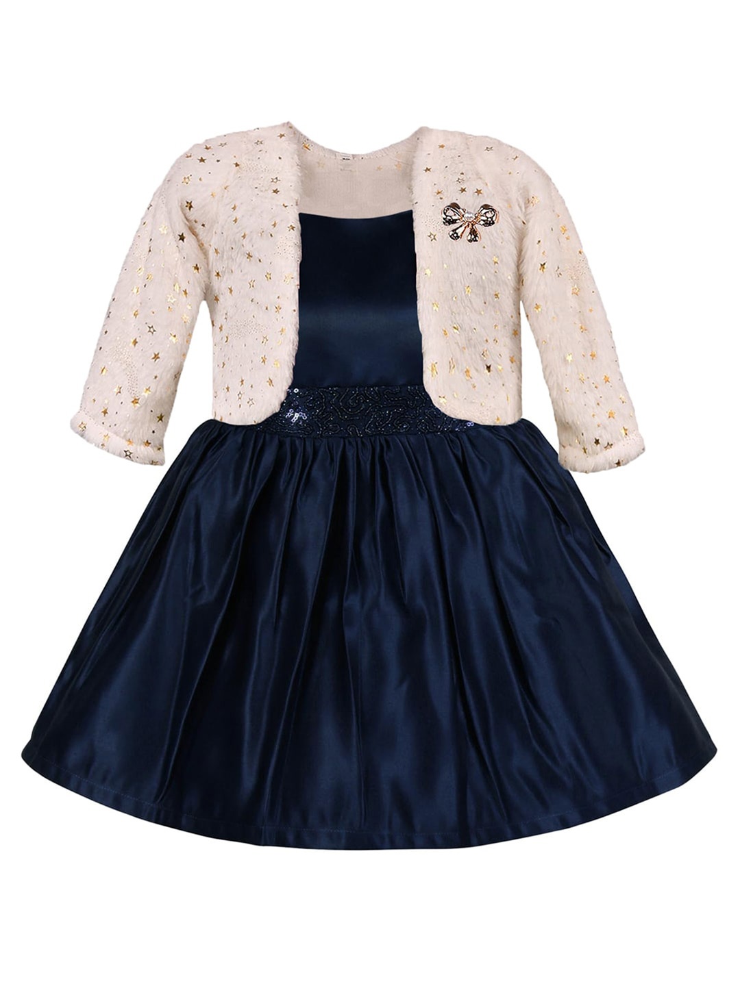 

Wish Karo Girls Embellished Silk Satin Fit & Flare Dress With Jacket, Navy blue