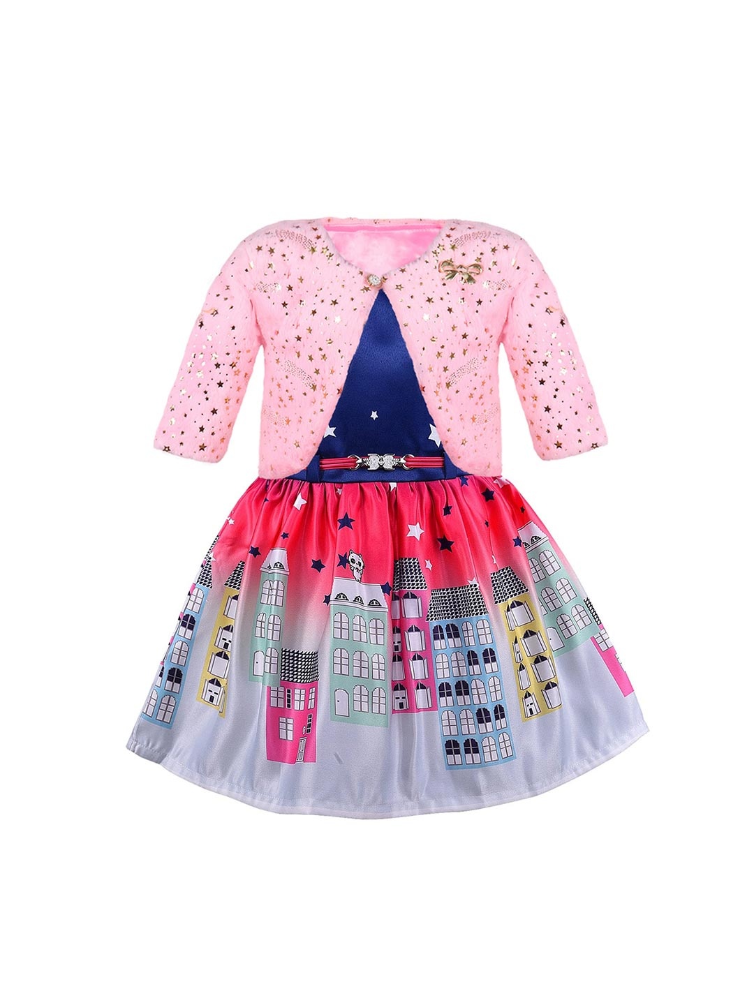 

Wish Karo Girls Graphic Printed Silk Fit & Flare Dress With Jacket, Navy blue